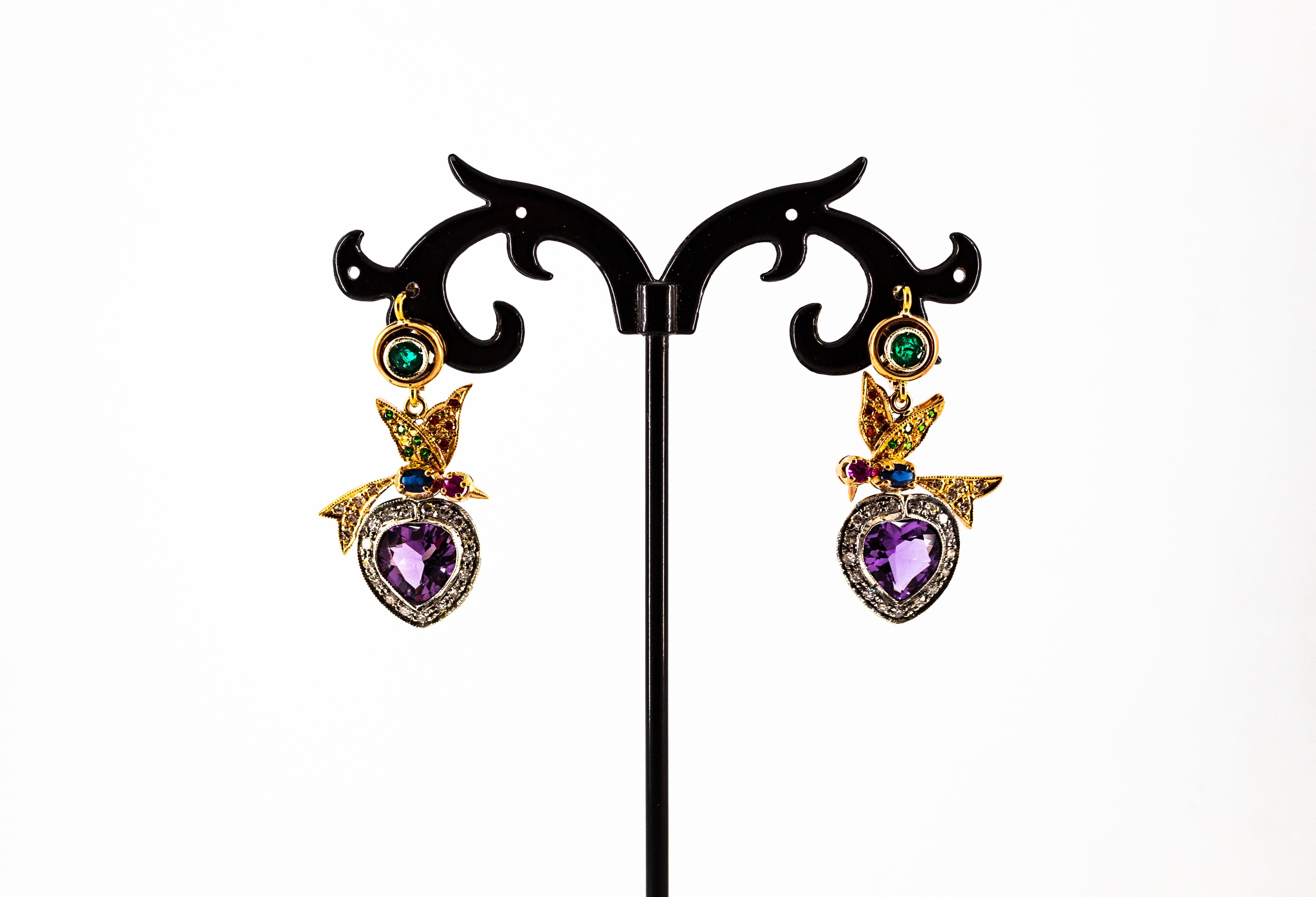 White Diamond Emerald Ruby Sapphire Amethyst Yellow Gold Lever-Back Earrings For Sale 1