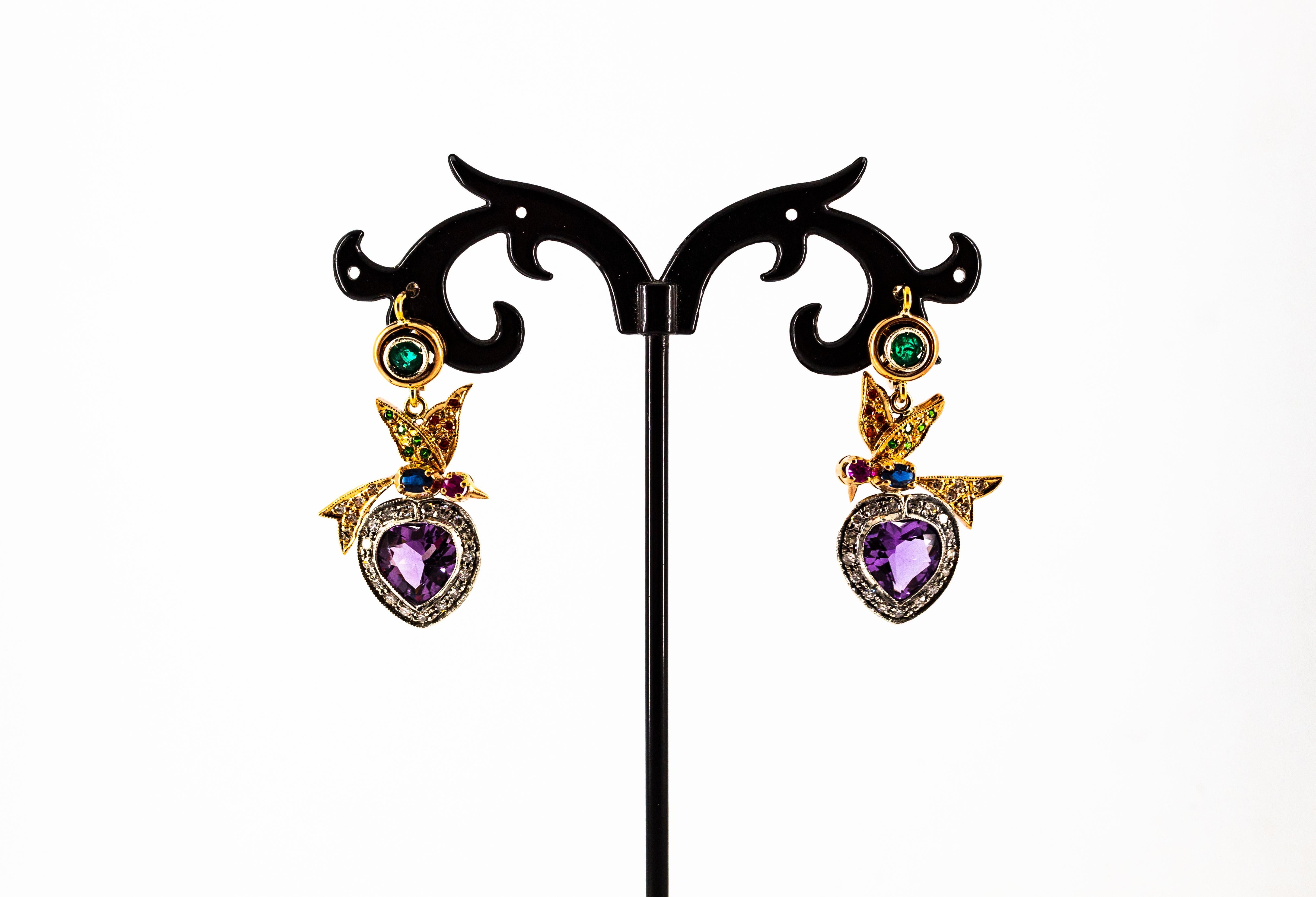 Boucles d'oreilles à levier en or jaune diamant blanc émeraude rubis saphir améthyste en vente 2