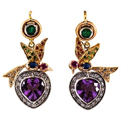 White Diamond Emerald Ruby Sapphire Amethyst Yellow Gold Lever-Back Earrings