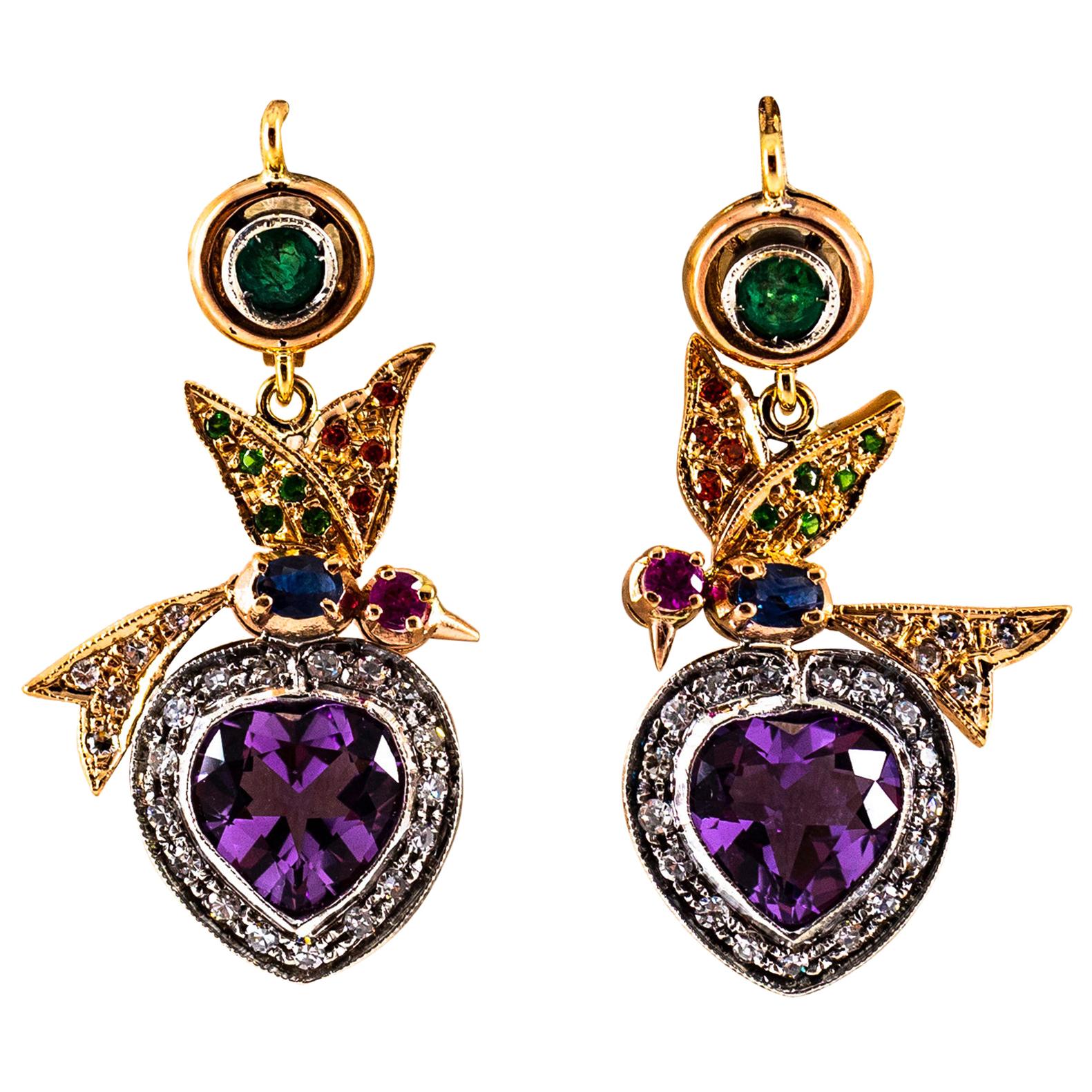 Boucles d'oreilles à levier en or jaune diamant blanc émeraude rubis saphir améthyste en vente