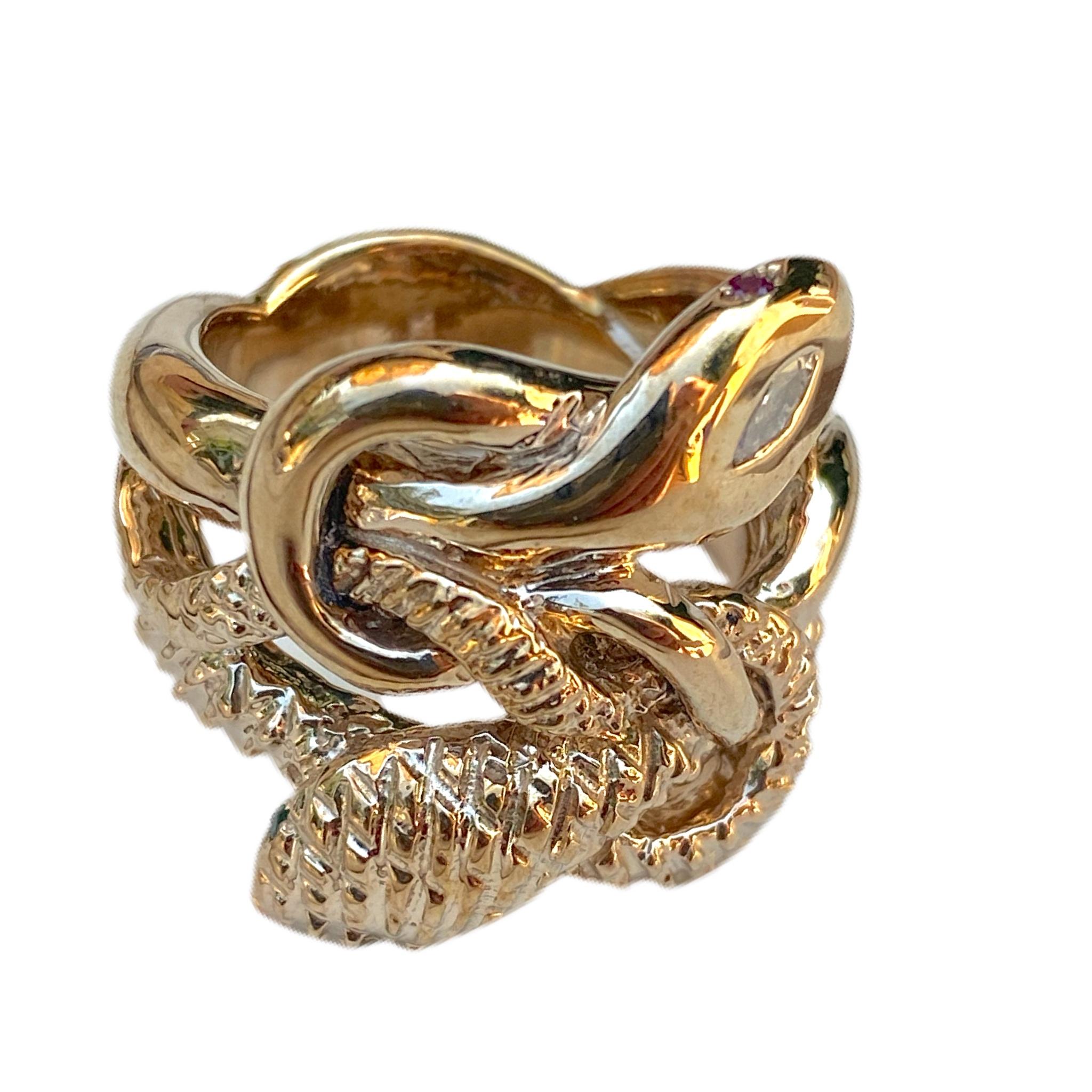 Brilliant Cut White Diamond Emerald Ruby Snake Ring Cocktail Ring Gold Vermeil For Sale