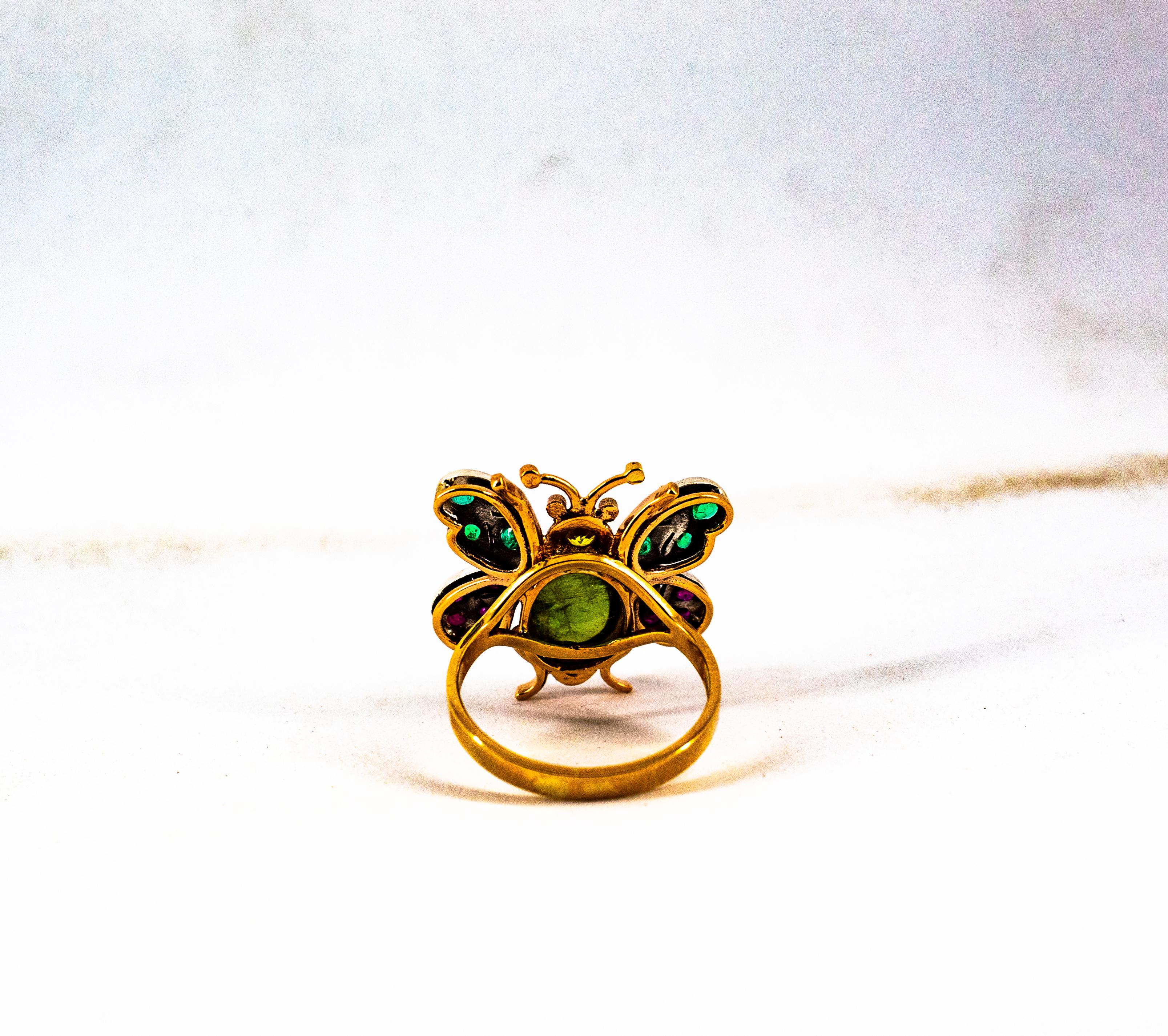 Bague de cocktail en or jaune diamant blanc émeraude saphir rubis tourmaline verte en vente 9