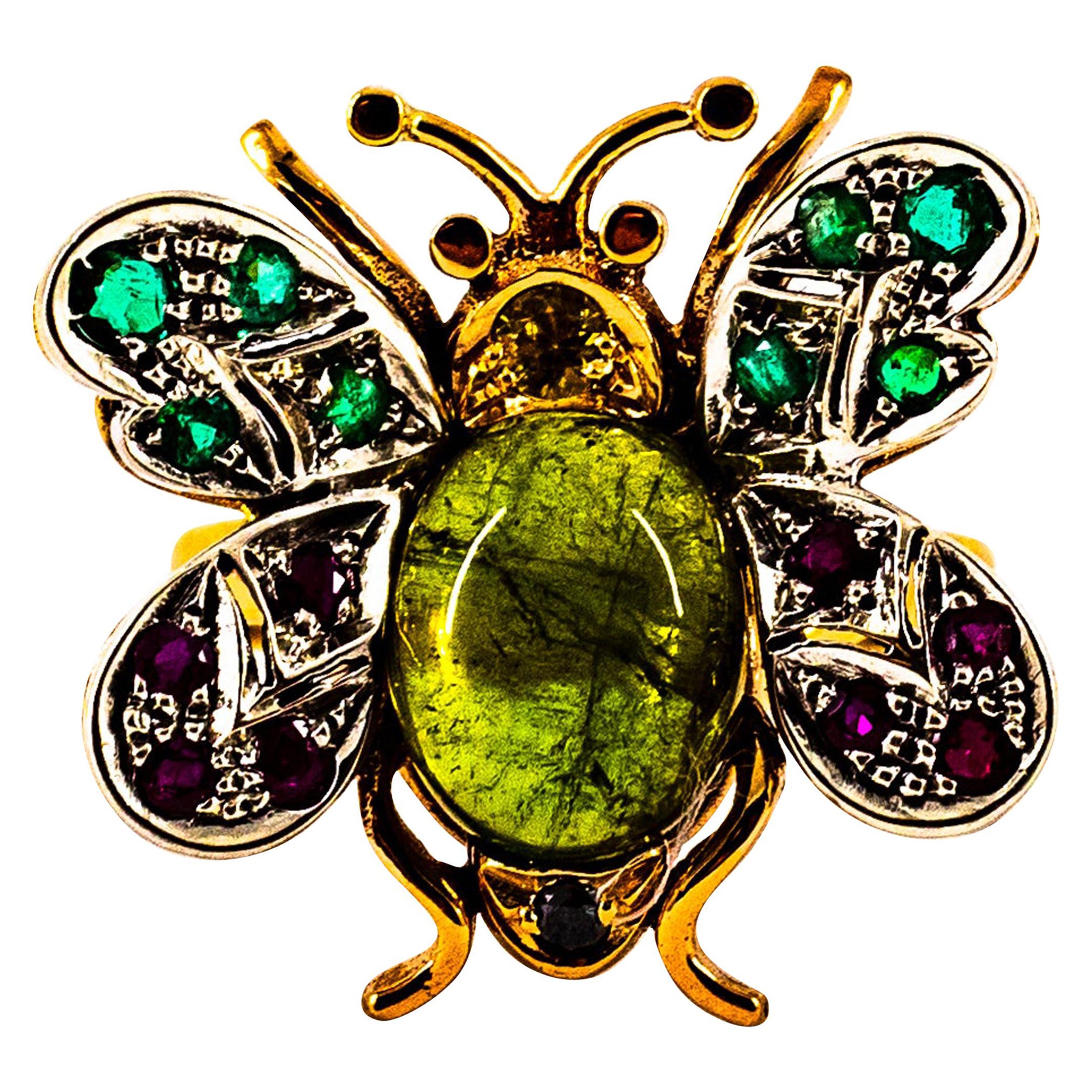 Bague de cocktail en or jaune diamant blanc émeraude saphir rubis tourmaline verte en vente