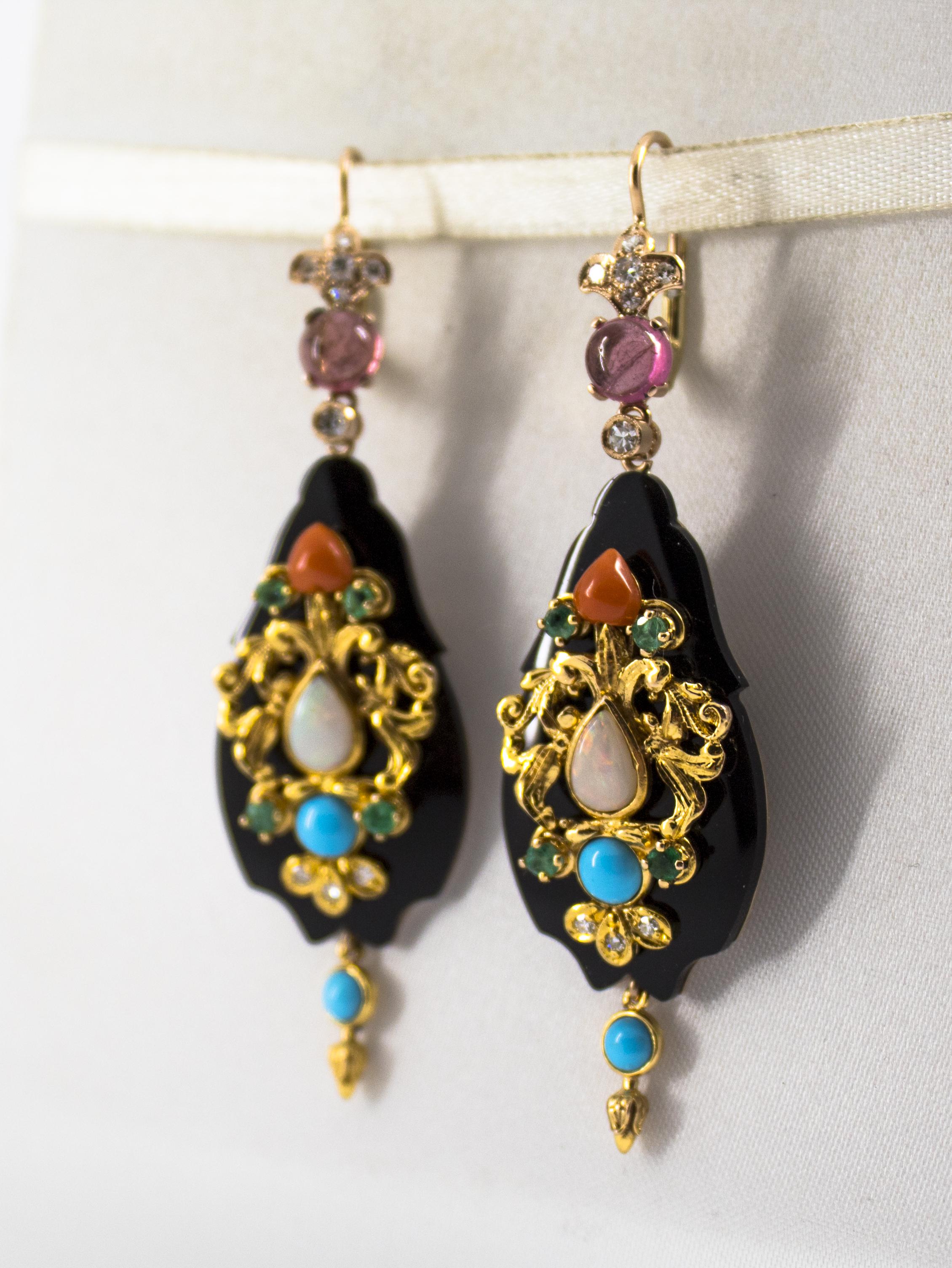 Boucles d'oreilles en or jaune avec diamant blanc, émeraude, tourmaline, opale, onyx, corail et turquoise Neuf - En vente à Naples, IT