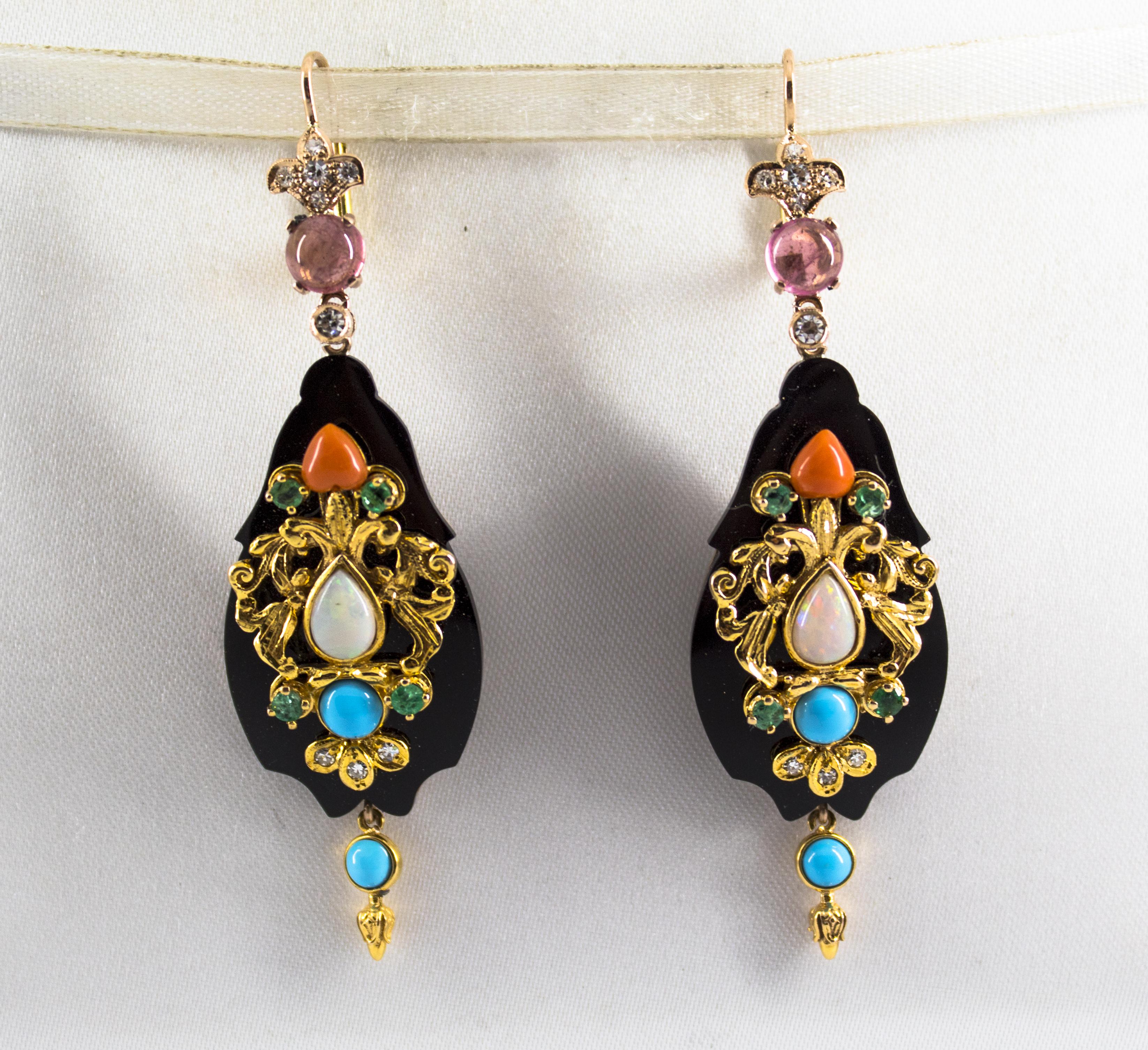 Renaissance White Diamond Emerald Tourmaline Opal Onyx Coral Turquoise Yellow Gold Earrings For Sale