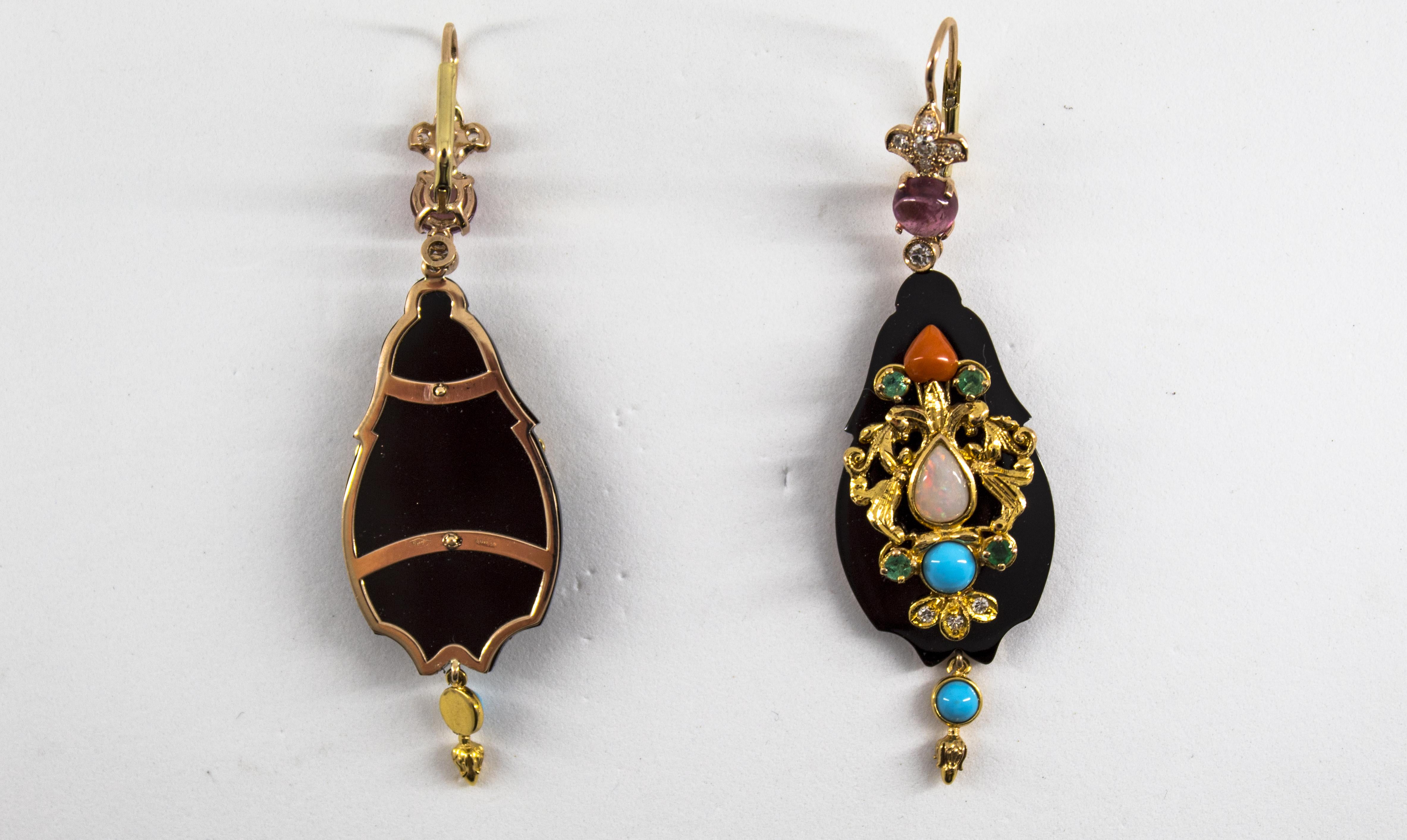 Boucles d'oreilles en or jaune avec diamant blanc, émeraude, tourmaline, opale, onyx, corail et turquoise en vente 2