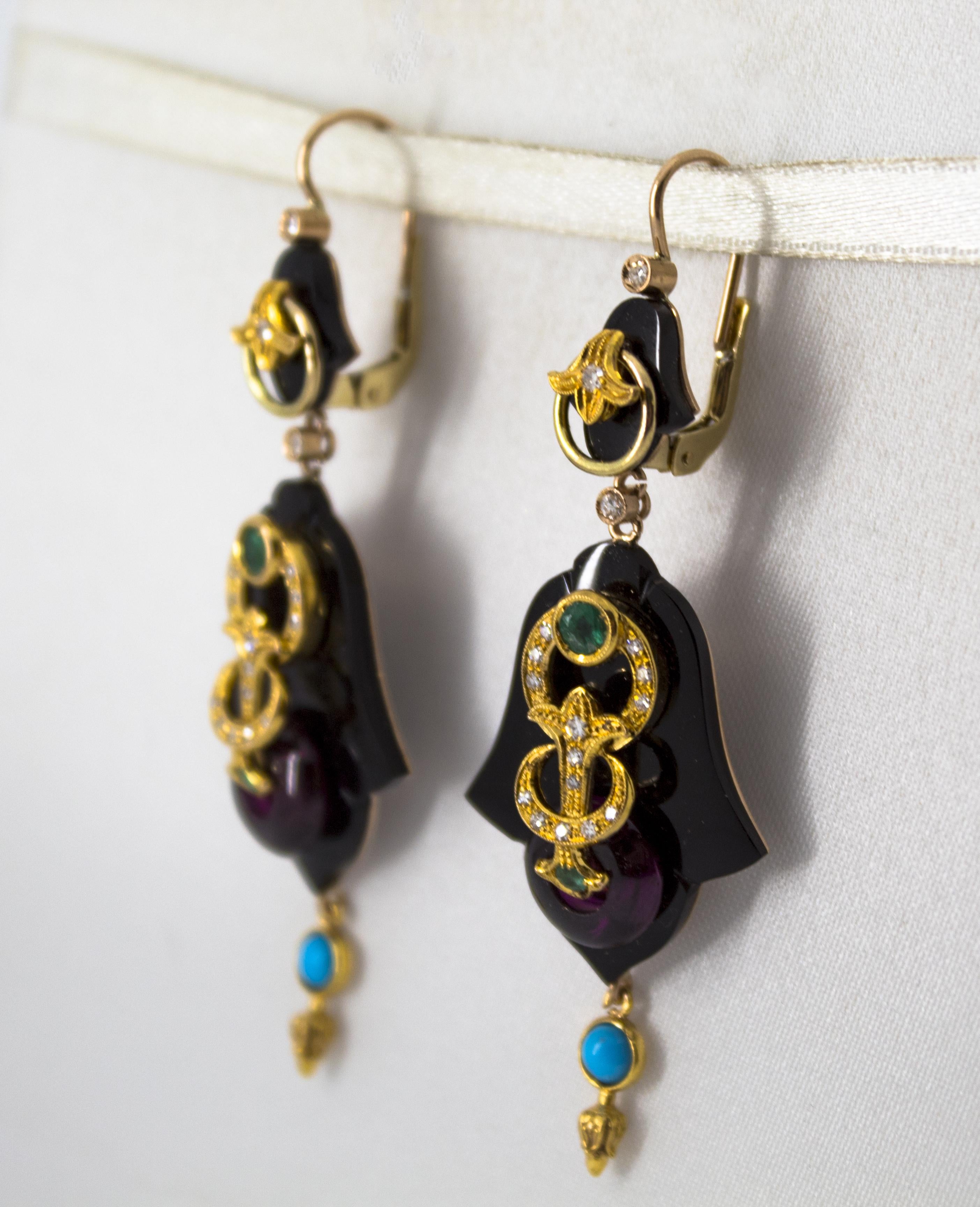White Diamond Emerald Turquoise Amethyst Onyx Yellow Gold Lever-Back Earrings 5