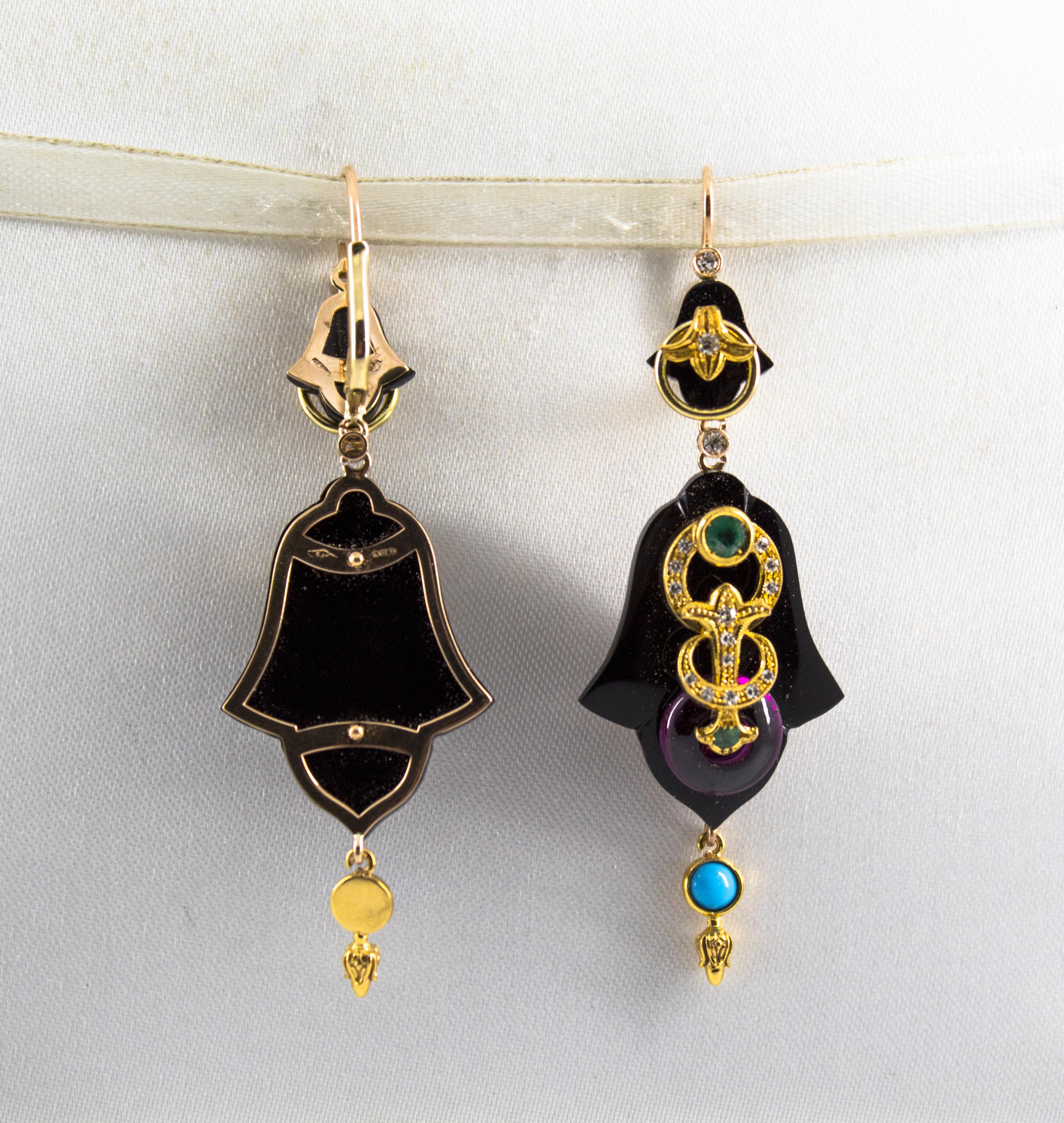 White Diamond Emerald Turquoise Amethyst Onyx Yellow Gold Lever-Back Earrings 7