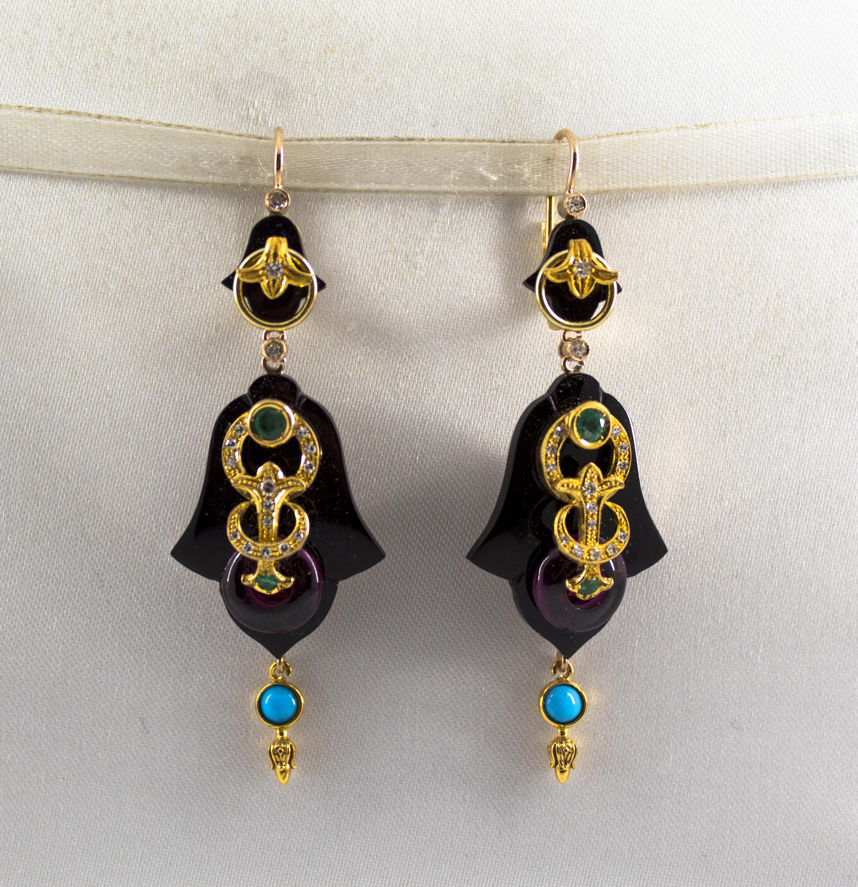 These Lever-Back Earrings are made of 14K Yellow Gold.
These Earrings have 0.42 Carats of White Diamonds.
These Earrings have 0.60 Carats of Emeralds.
These Earrings have also Onyx, Amethyst and Turquoise.
All our Earrings have pins for pierced ears