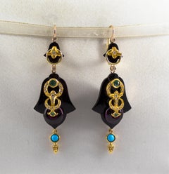 White Diamond Emerald Turquoise Amethyst Onyx Yellow Gold Lever-Back Earrings