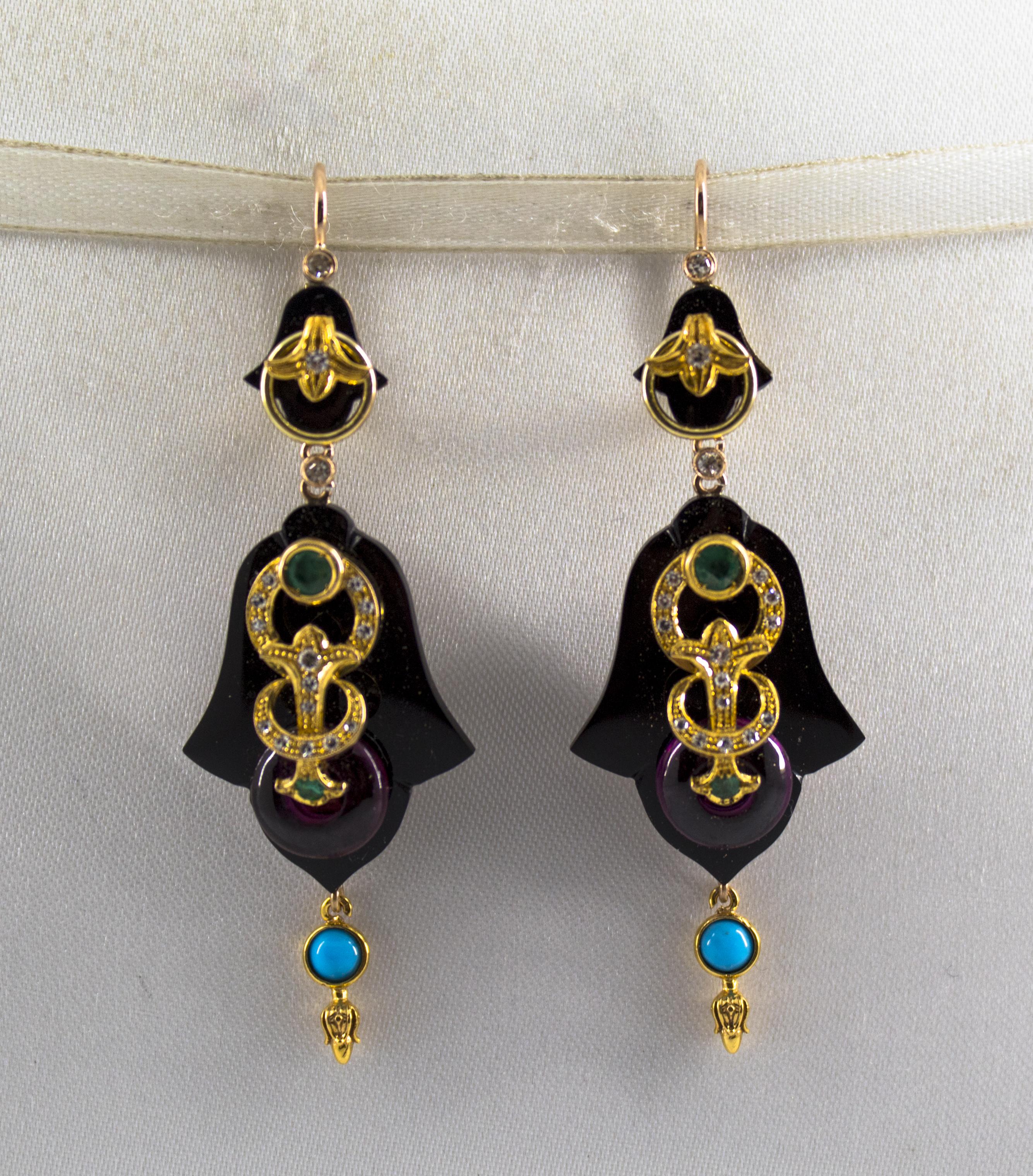 Renaissance White Diamond Emerald Turquoise Amethyst Onyx Yellow Gold Lever-Back Earrings For Sale