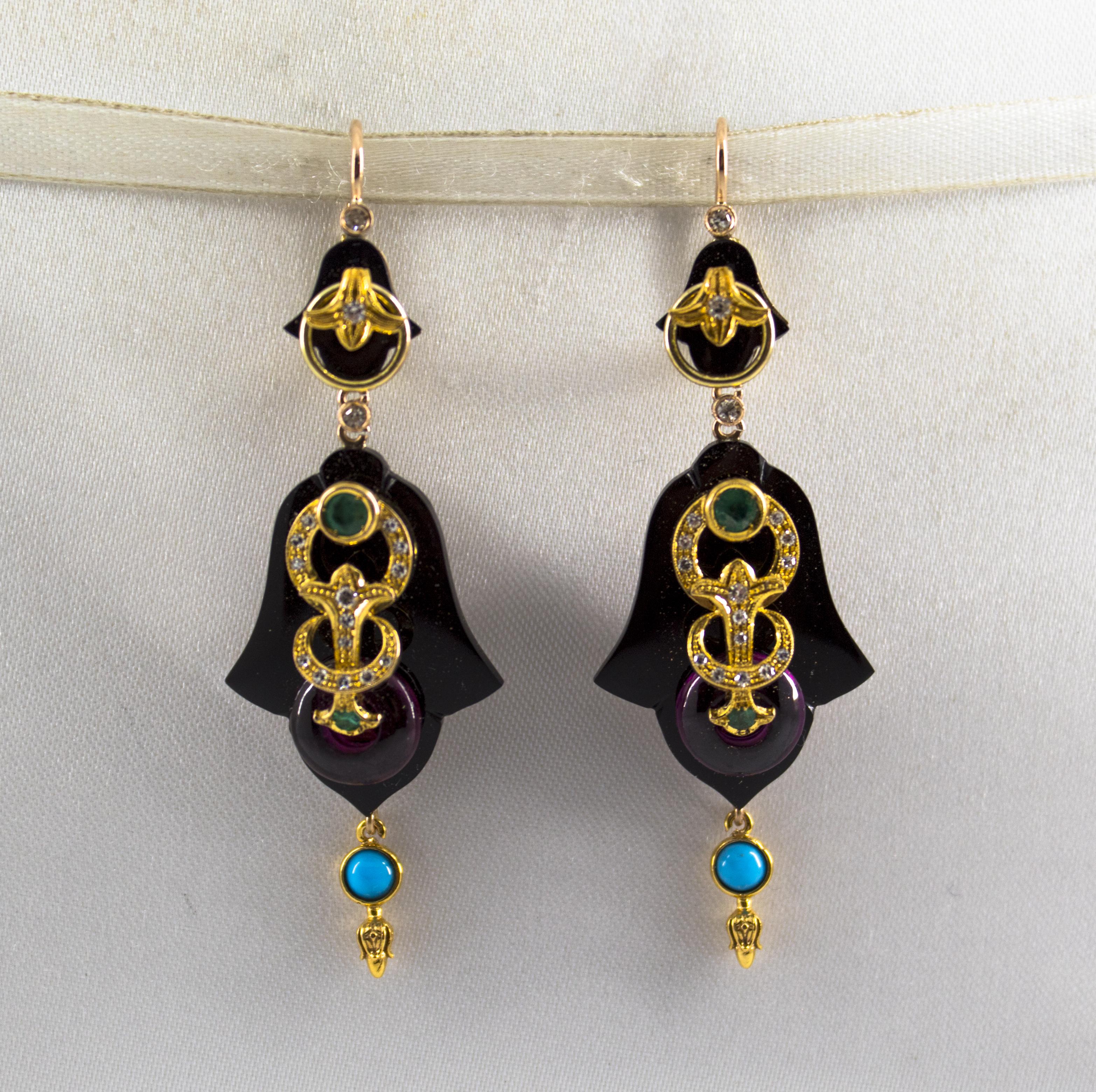 White Diamond Emerald Turquoise Amethyst Onyx Yellow Gold Lever-Back Earrings In New Condition In Naples, IT