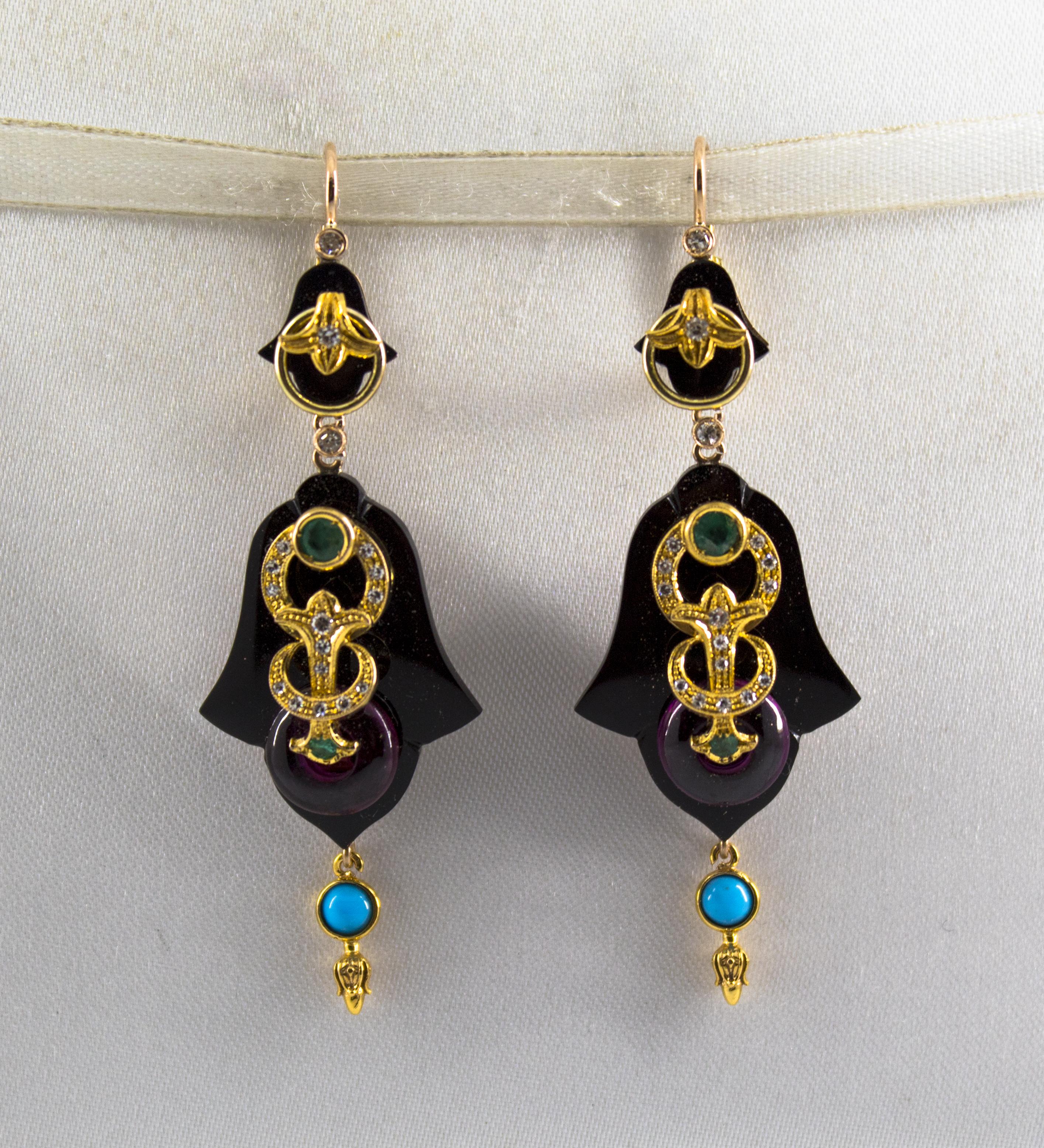 Women's or Men's White Diamond Emerald Turquoise Amethyst Onyx Yellow Gold Lever-Back Earrings For Sale