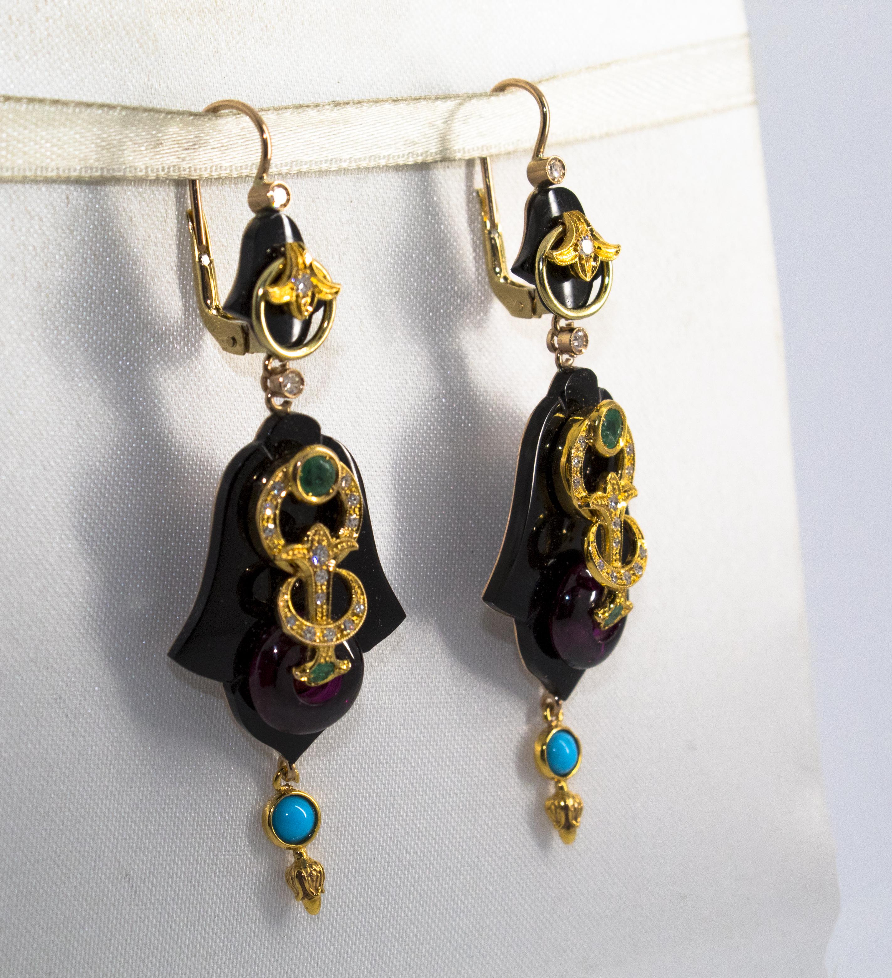 White Diamond Emerald Turquoise Amethyst Onyx Yellow Gold Lever-Back Earrings For Sale 1
