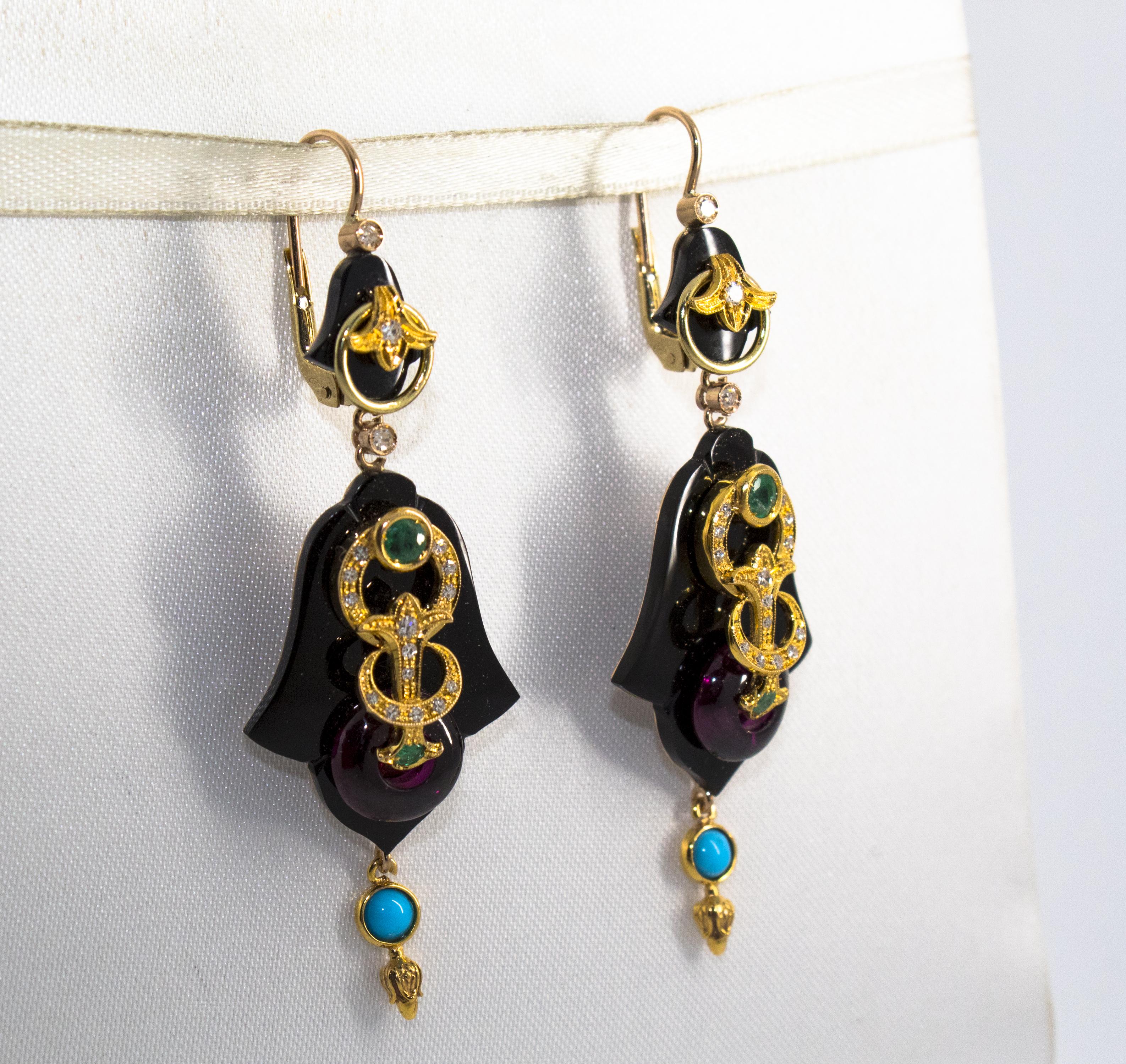 White Diamond Emerald Turquoise Amethyst Onyx Yellow Gold Lever-Back Earrings For Sale 2