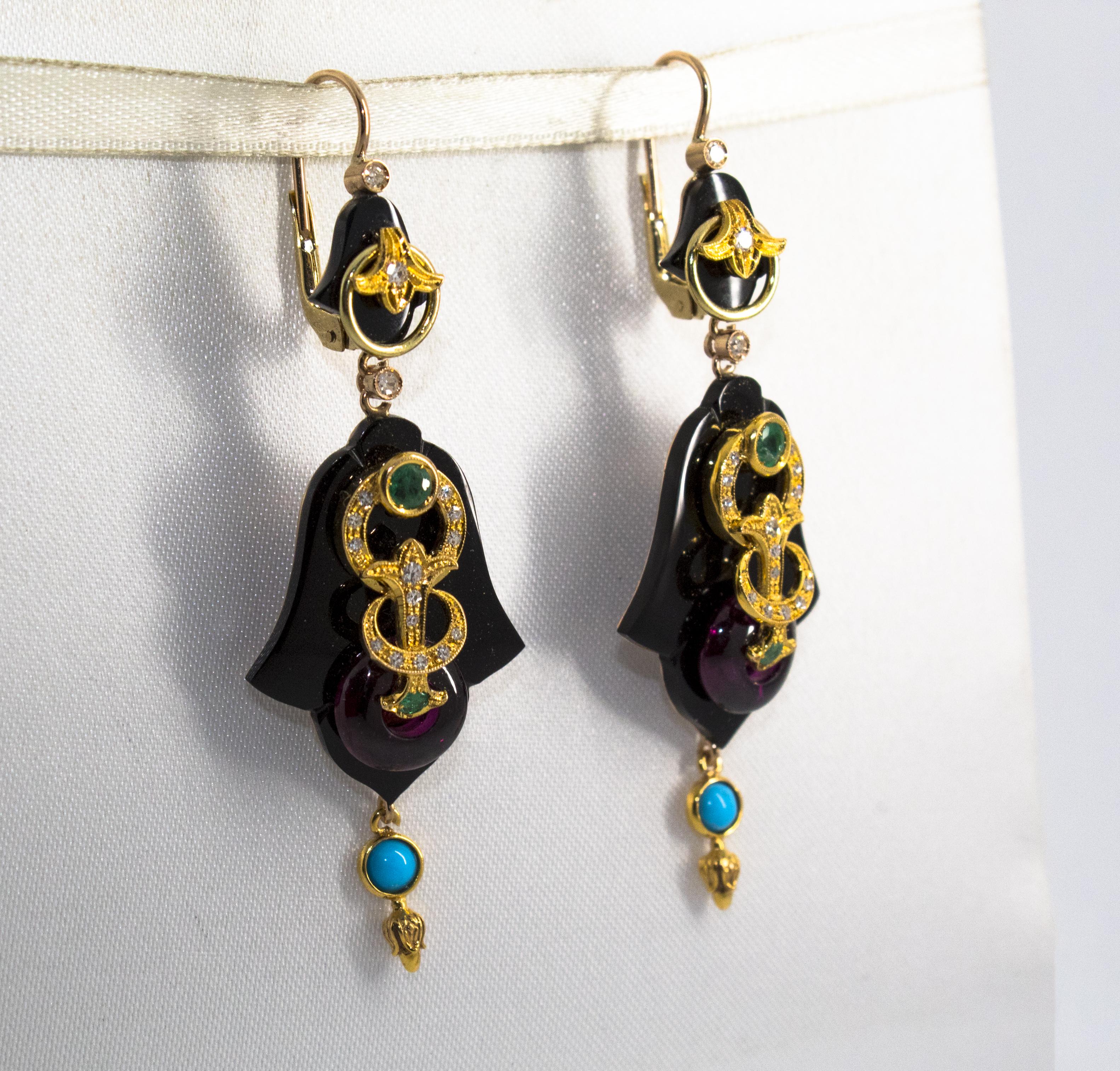 White Diamond Emerald Turquoise Amethyst Onyx Yellow Gold Lever-Back Earrings For Sale 3