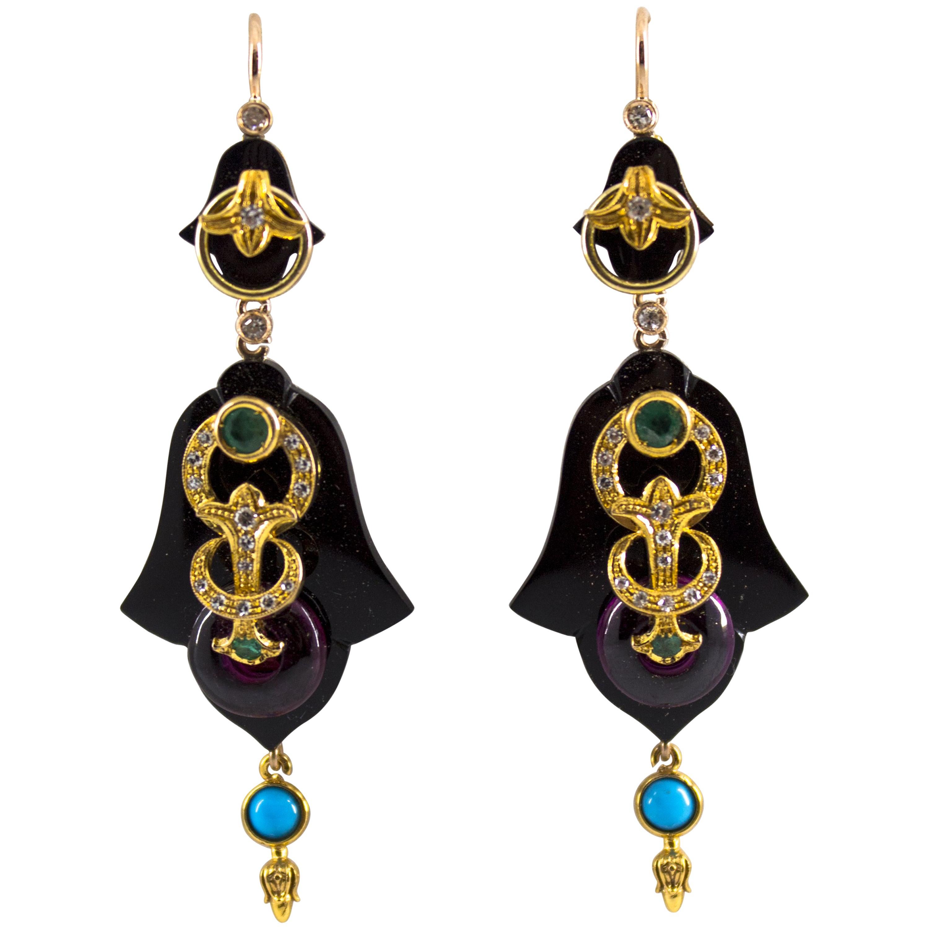 White Diamond Emerald Turquoise Amethyst Onyx Yellow Gold Lever-Back Earrings For Sale