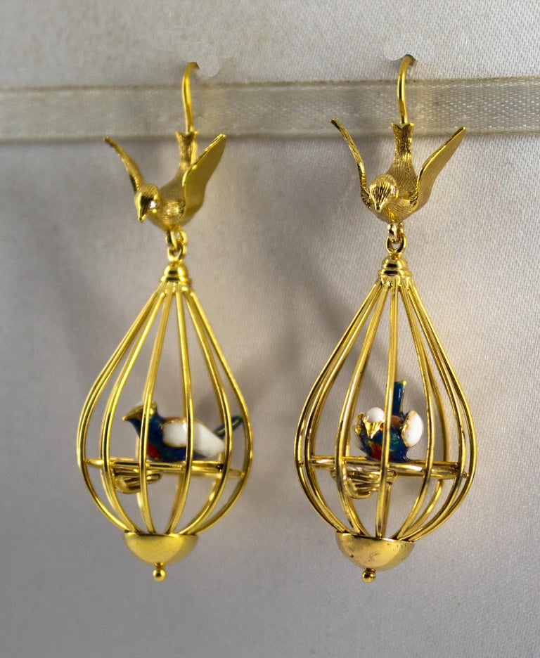 White Diamond Enamel Coral Pearl Yellow Gold Stud "Bird Cage" Earrings