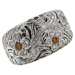White Diamond Fancy Yellow Diamond Flower 18 Karat White Gold Wide Band Ring