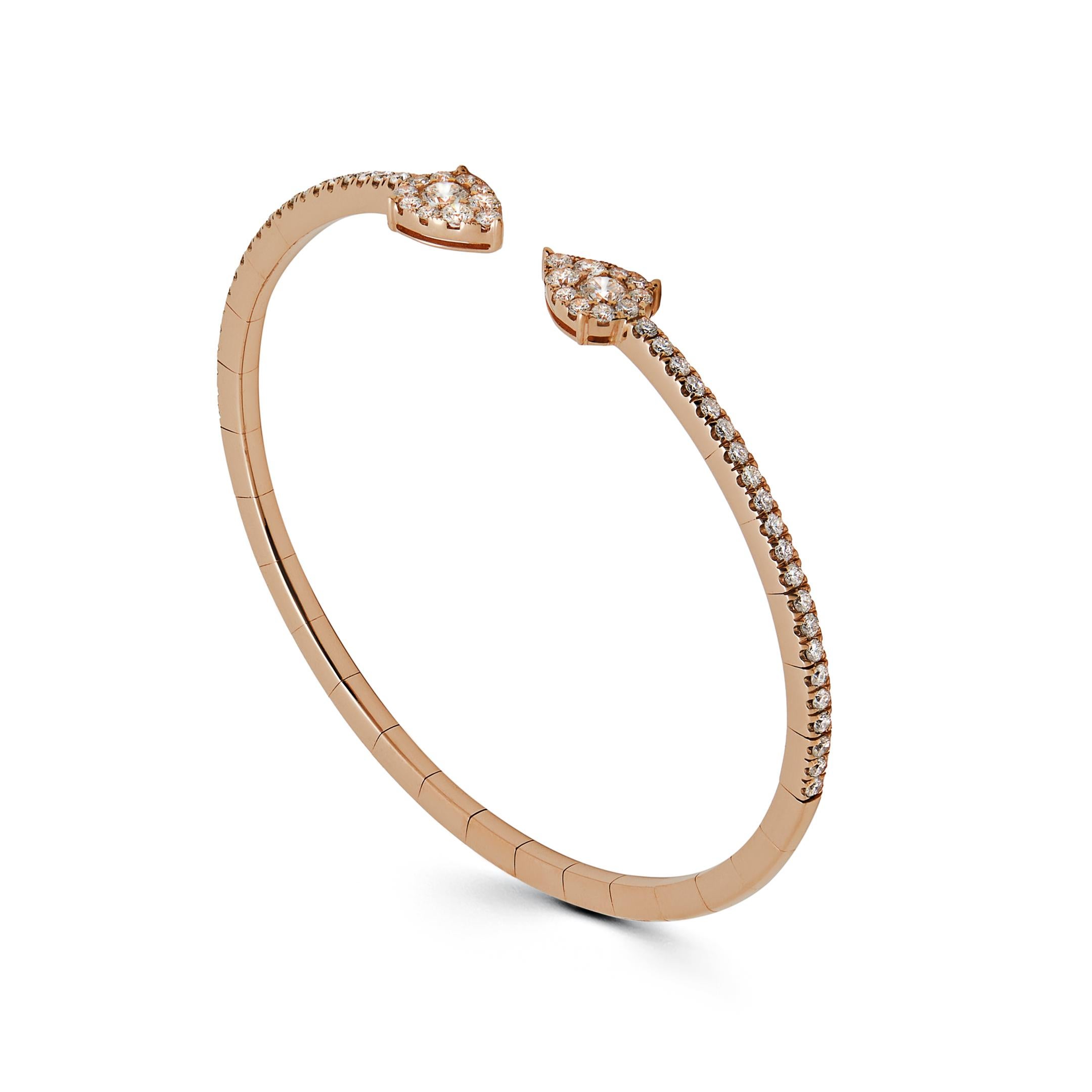The epitome of effortless glamour, the White Diamond Flexible Cuff Bracelet is the ideal layering piece. Thanks to its stretchy technology, the 18-karat rose gold and white diamond jewel can be comfortably slipped on and off. Pair several of these