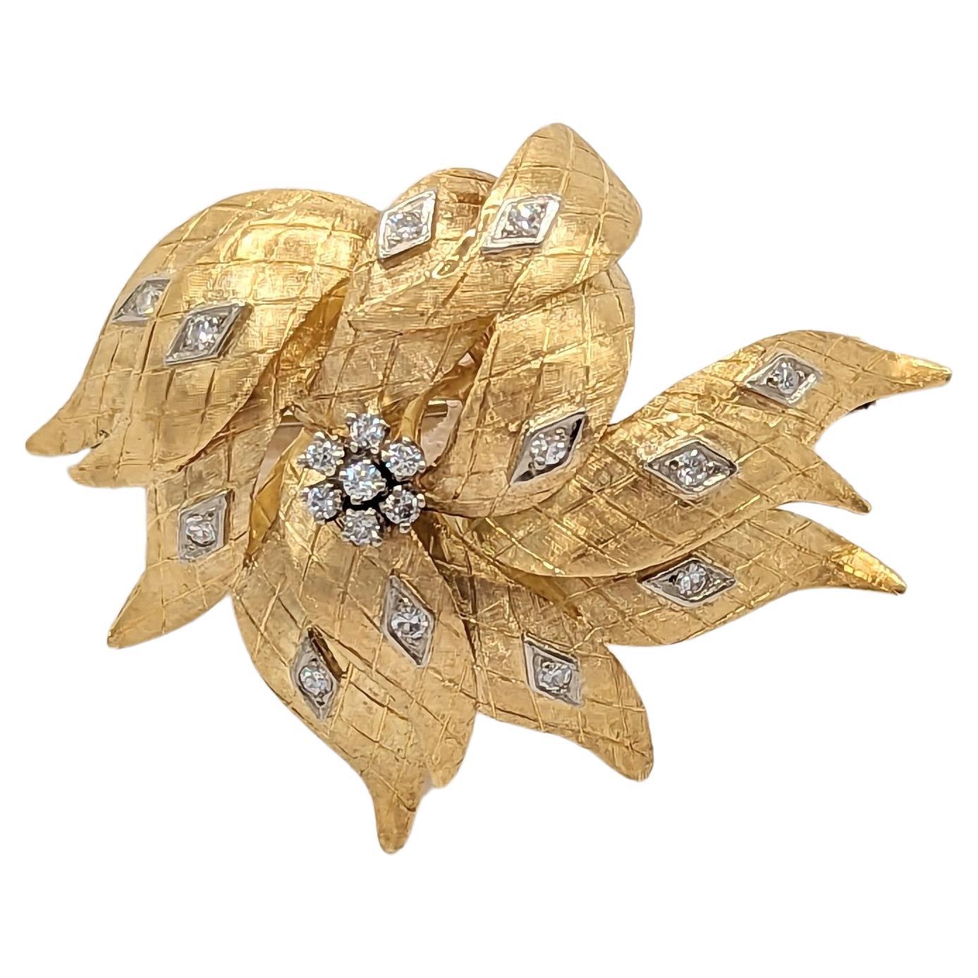 White Diamond Floral Brooch in 14K Yellow Gold For Sale