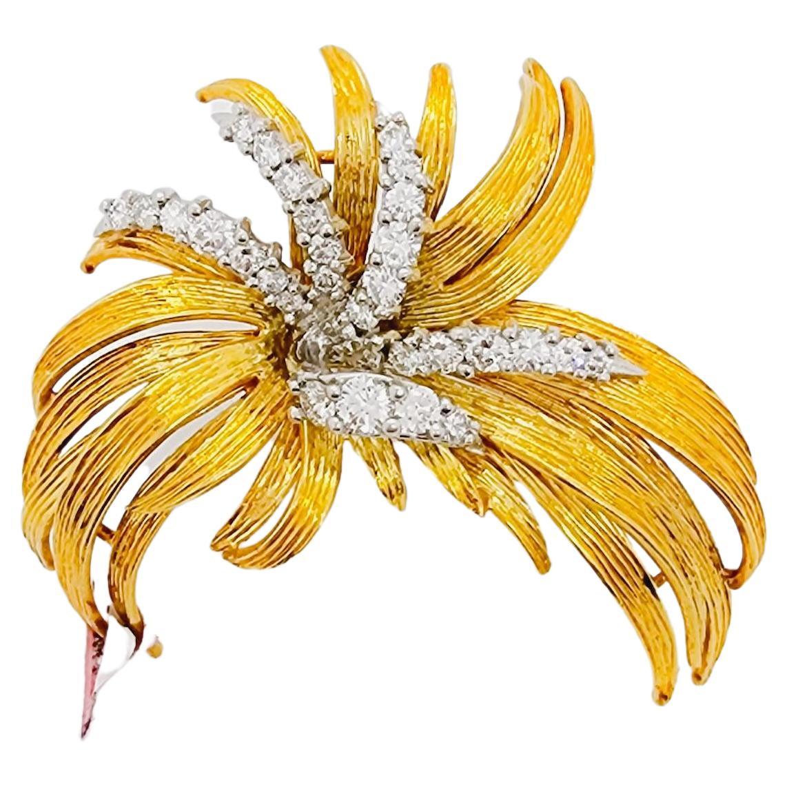 White Diamond Floral Brooch in 18k Two Tone Gold For Sale