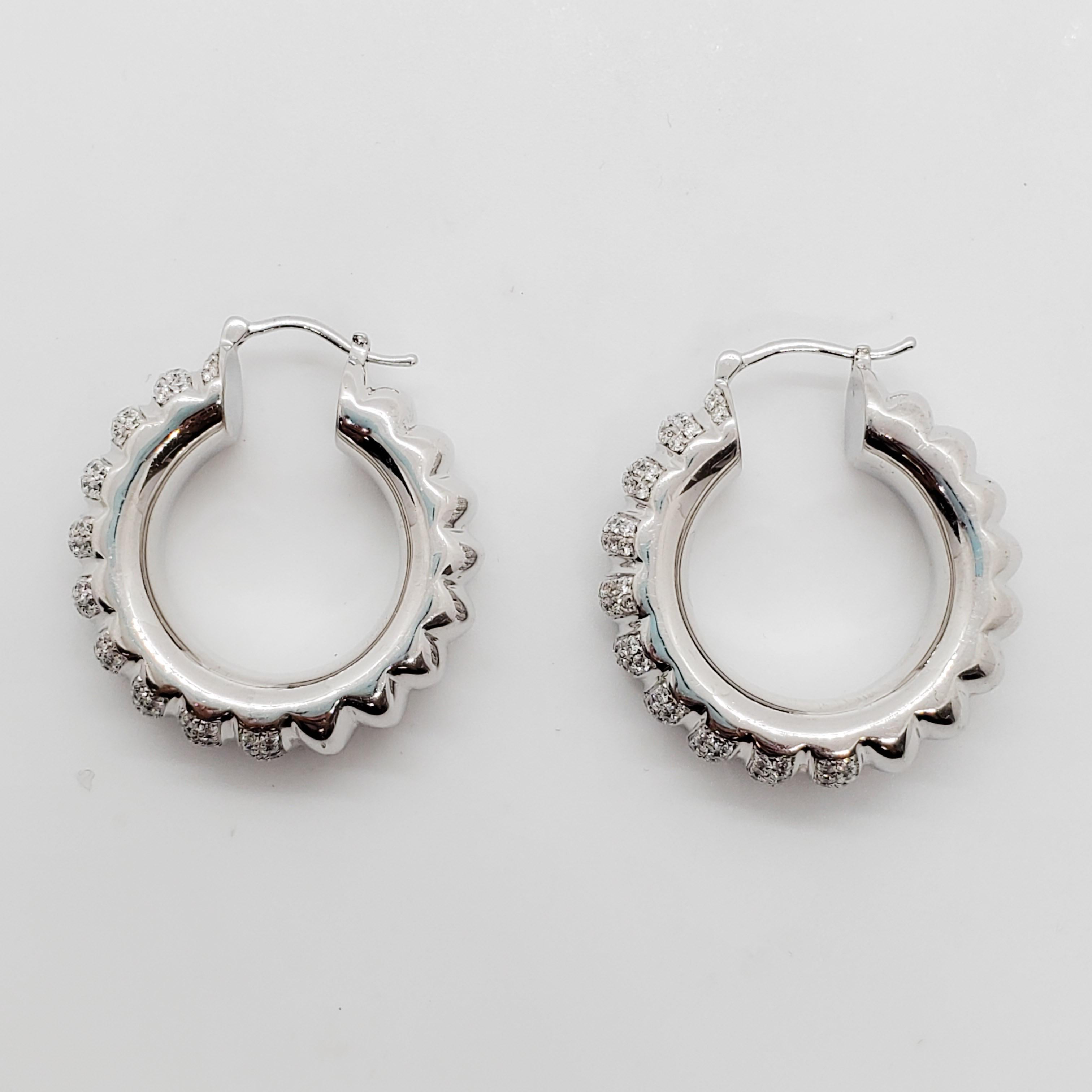 Round Cut White Diamond Fluted Hoops in 18 Karat White Gold For Sale