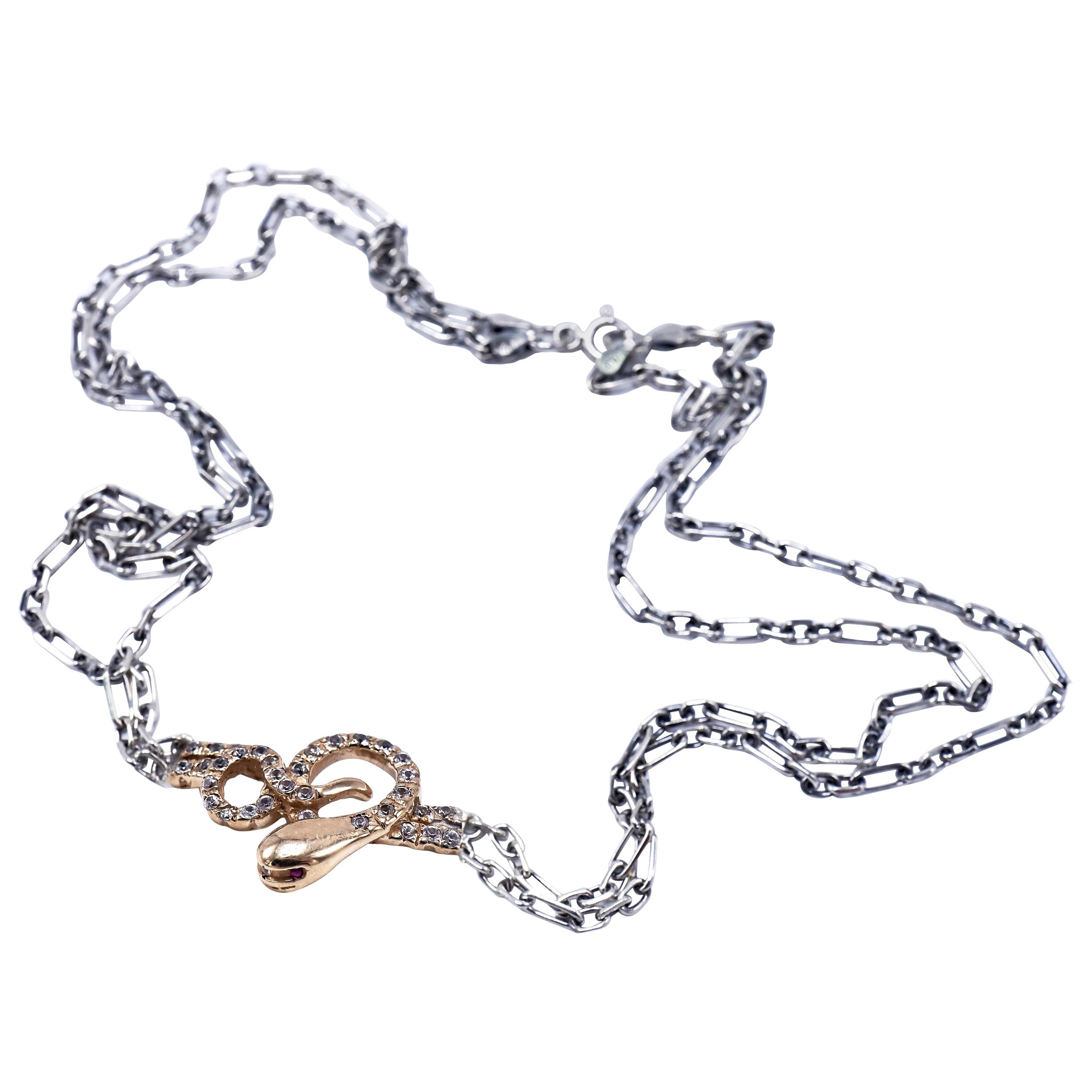 J Dauphin Collier ras du cou à pendentif serpent en or avec diamants blancs et rubis et chaîne épaisse