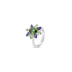 White Diamond Green and Blue Gemstones Star Dainty Fashion Ring