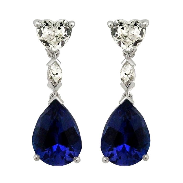 White Diamond Heart and Tanzanite Drop Earrings Made in Italy
