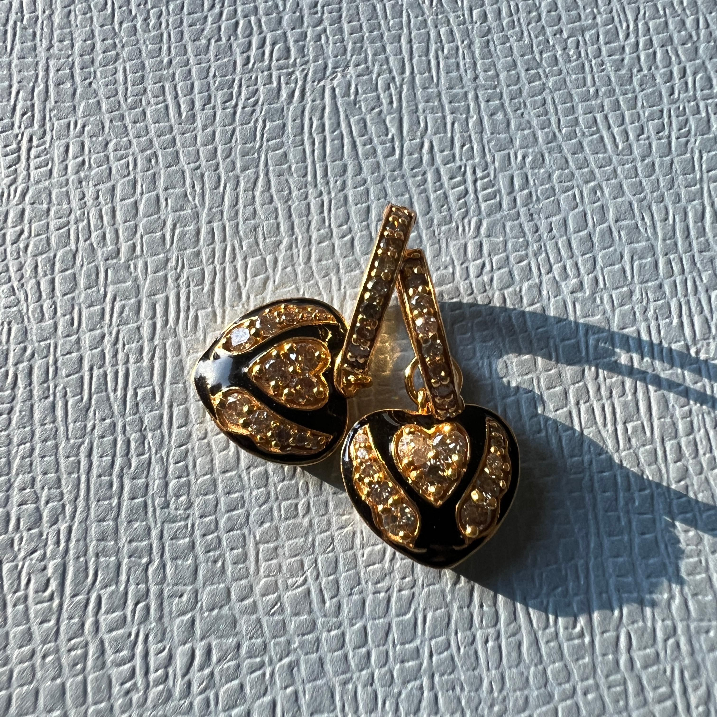 White Diamond Heart Black Enamel Hoop Earrings Victorian Style For Sale 4