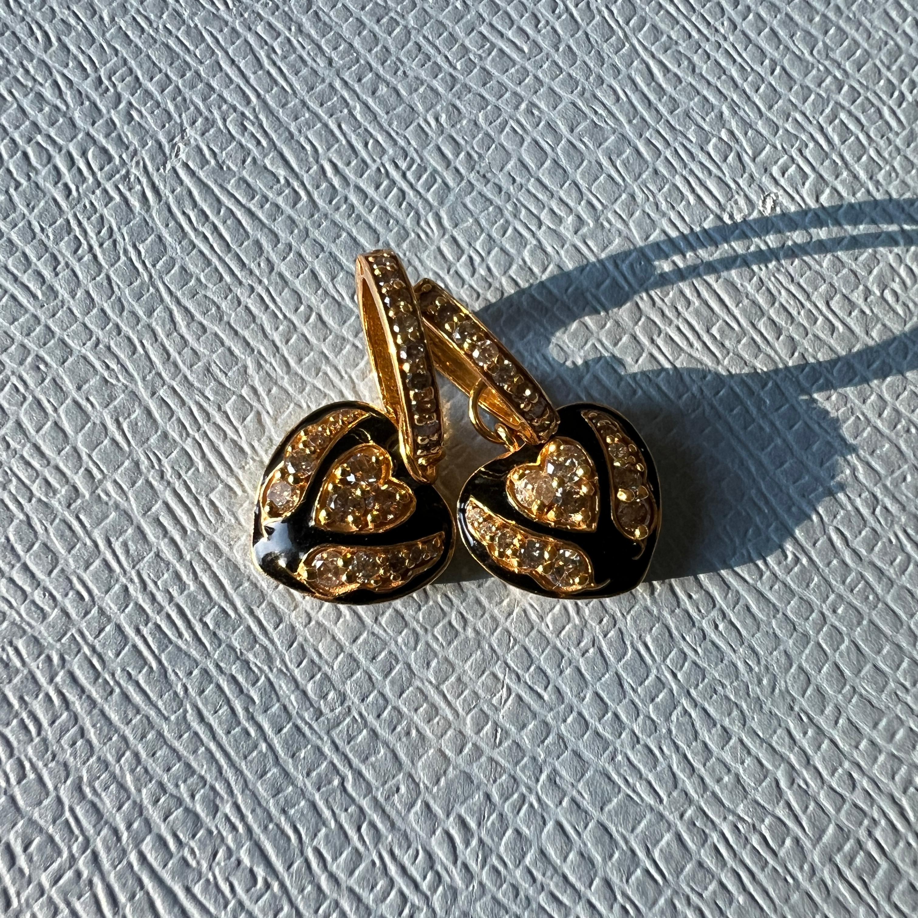 White Diamond Heart Black Enamel Hoop Earrings Victorian Style For Sale 1