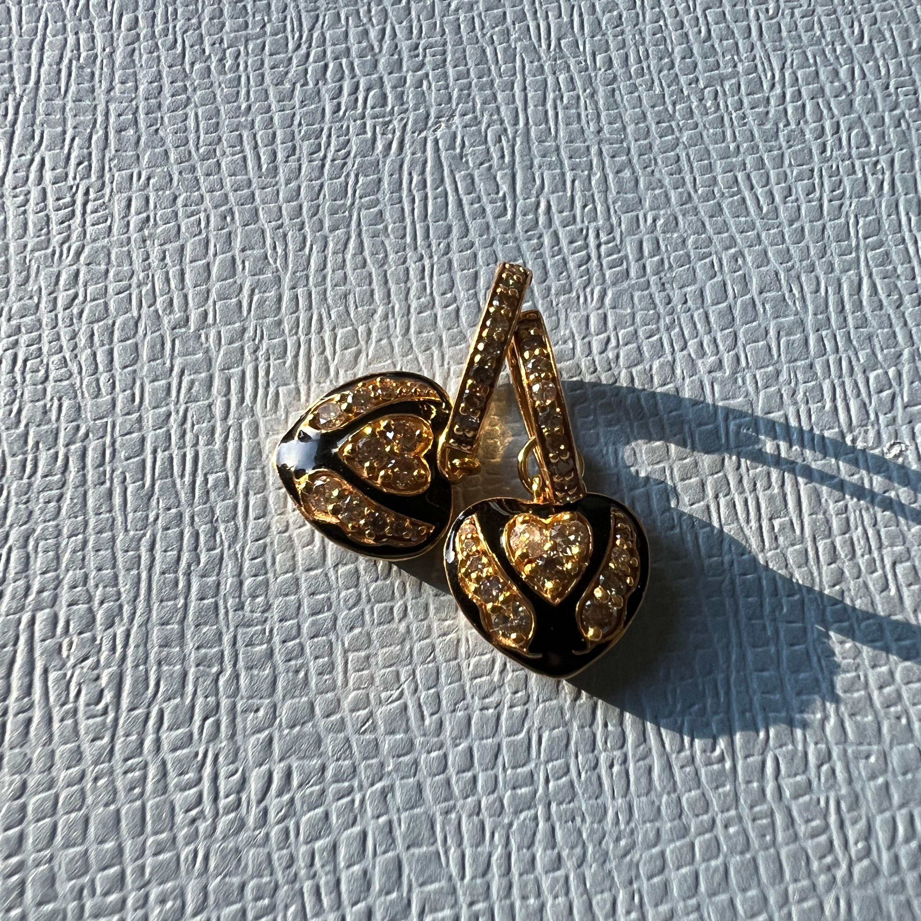White Diamond Heart Black Enamel Hoop Earrings Victorian Style For Sale 3