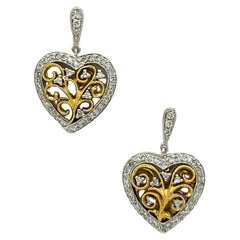 White Diamond Heart Dangle Earrings in 14K 2 Tone Gold