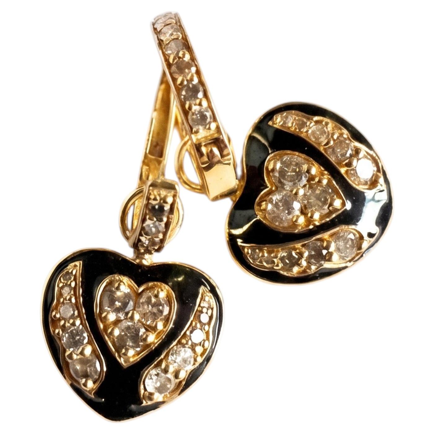 Heart Earrings White Diamond Black Enamel Victorian Style