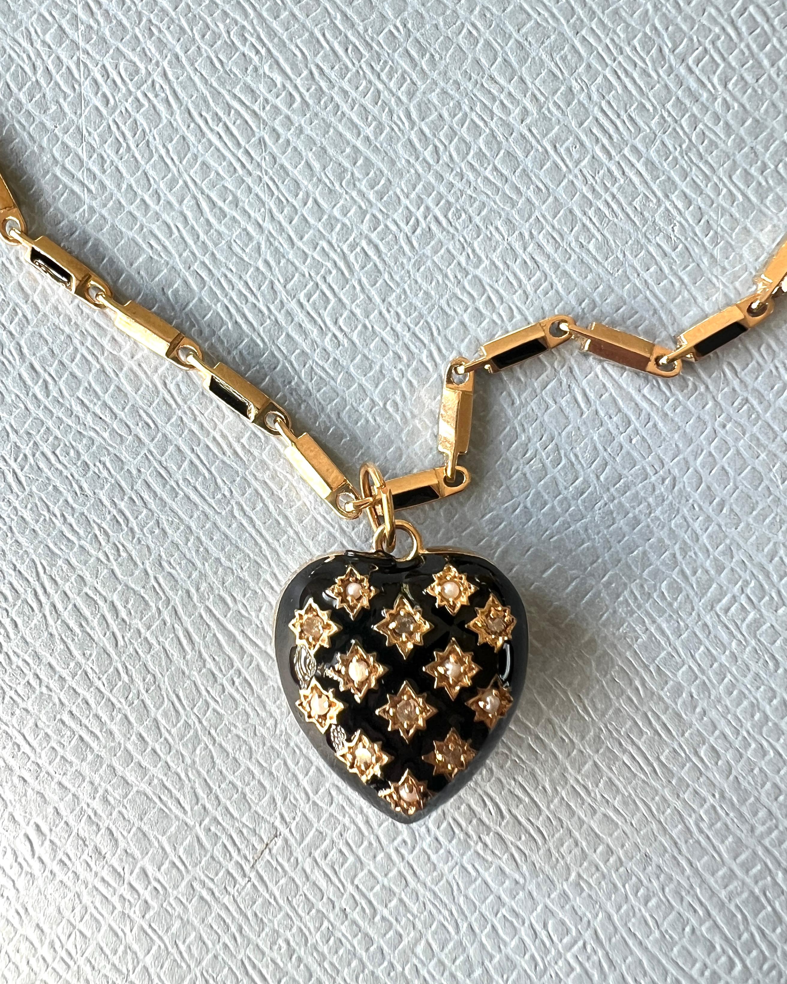 Victorian White Diamond Heart Necklace Black Enamel For Sale