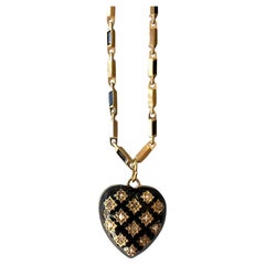White Diamond Heart Necklace Black Enamel