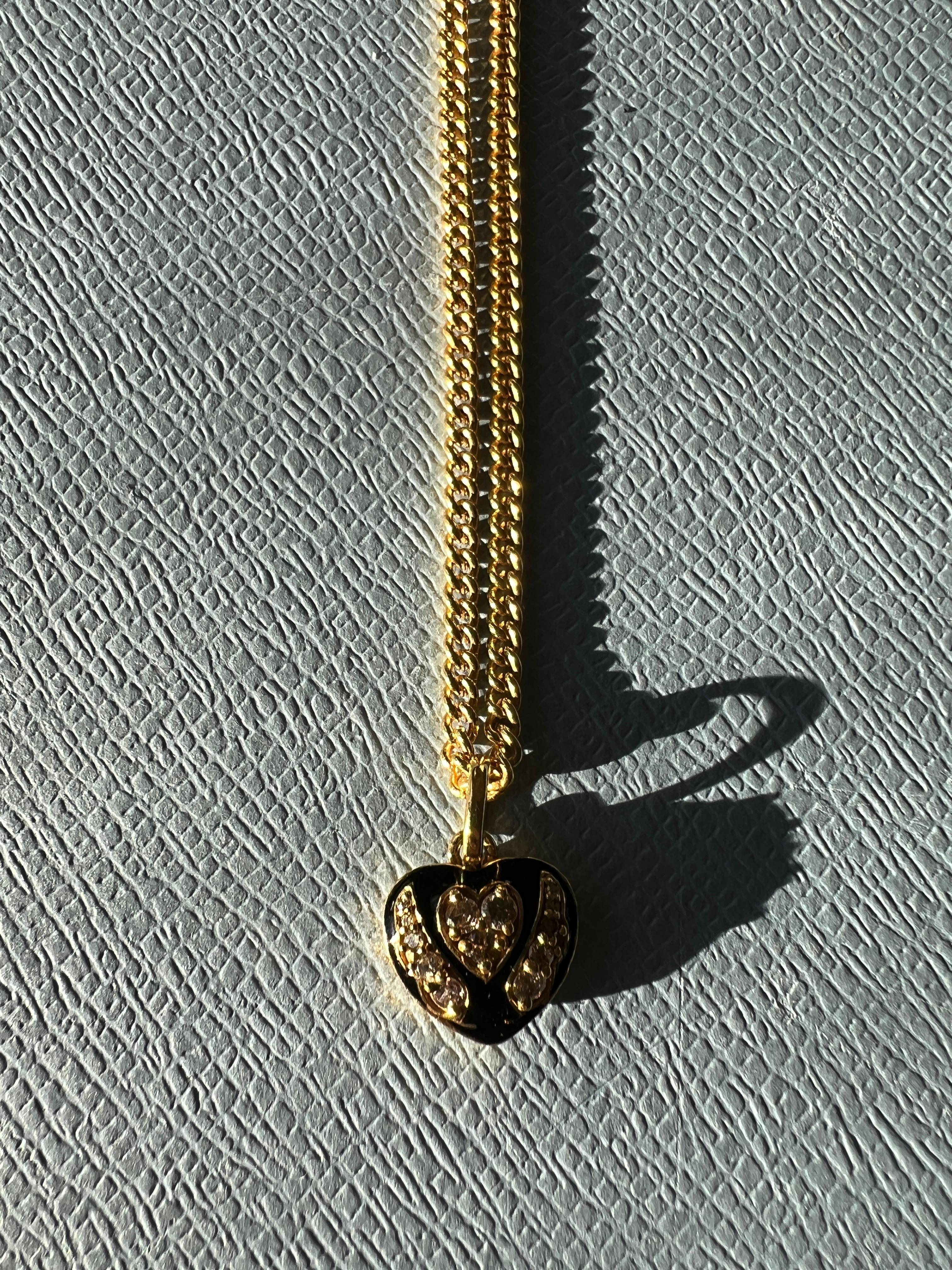 White Diamond Heart Necklace Black Enamel Victorian Style In New Condition For Sale In Los Angeles, CA