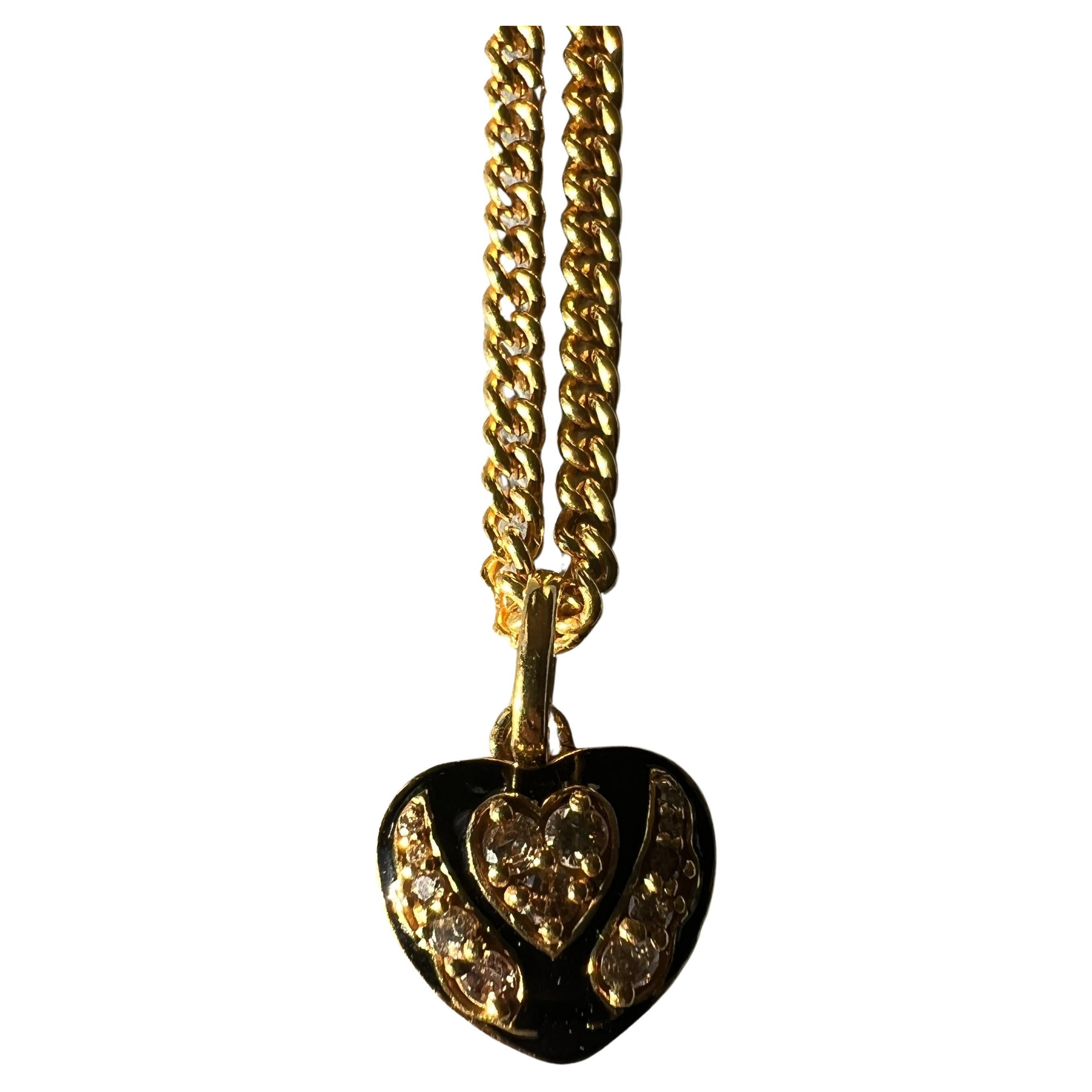 White Diamond Heart Necklace Black Enamel Victorian Style For Sale