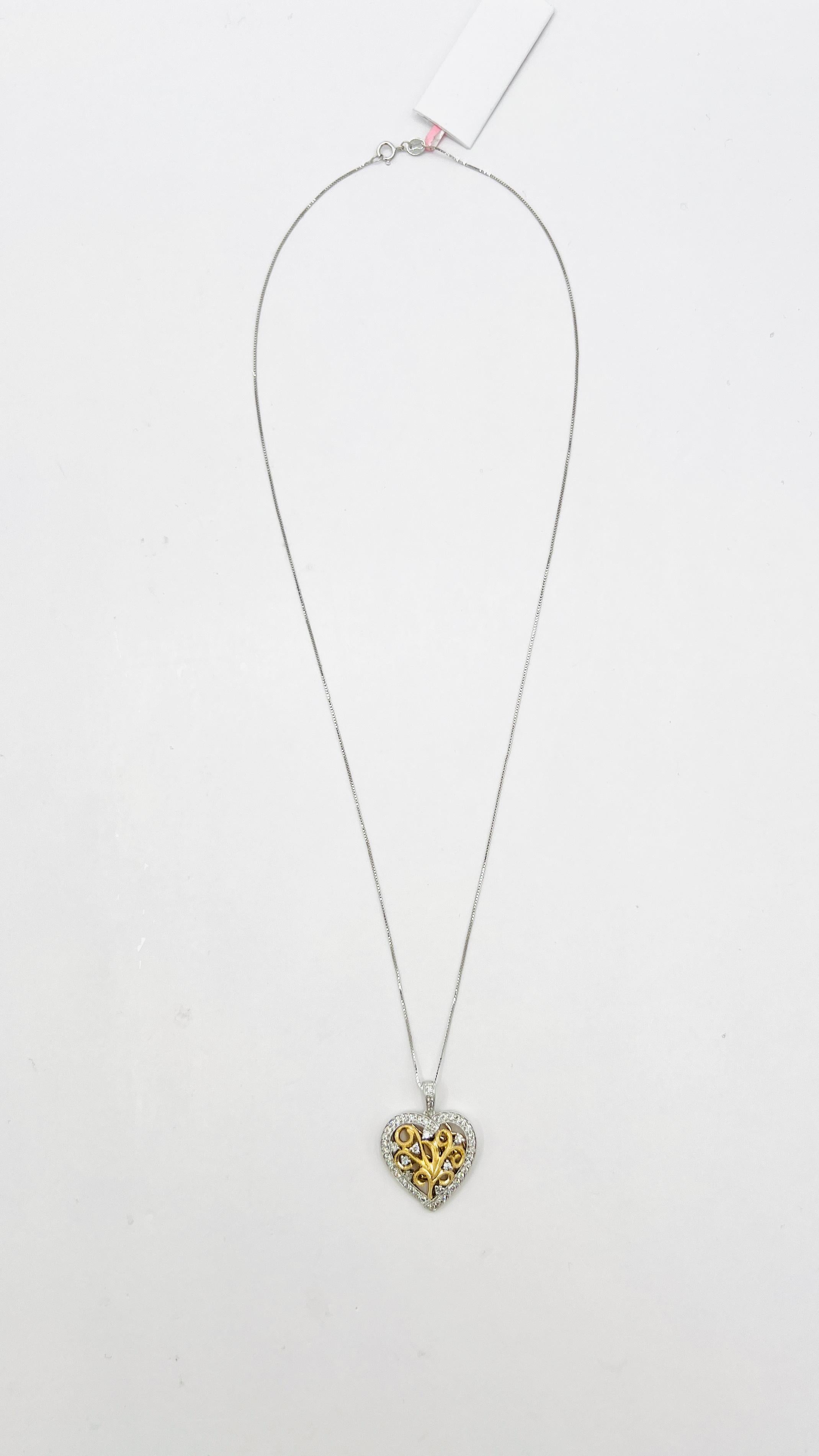 White Diamond Heart Pendant Necklace in 14K 2 Tone Gold In New Condition In Los Angeles, CA
