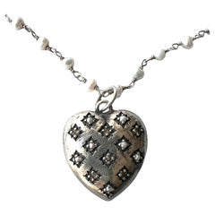 White Diamond Heart Pendant Necklace White Pearl Rosario