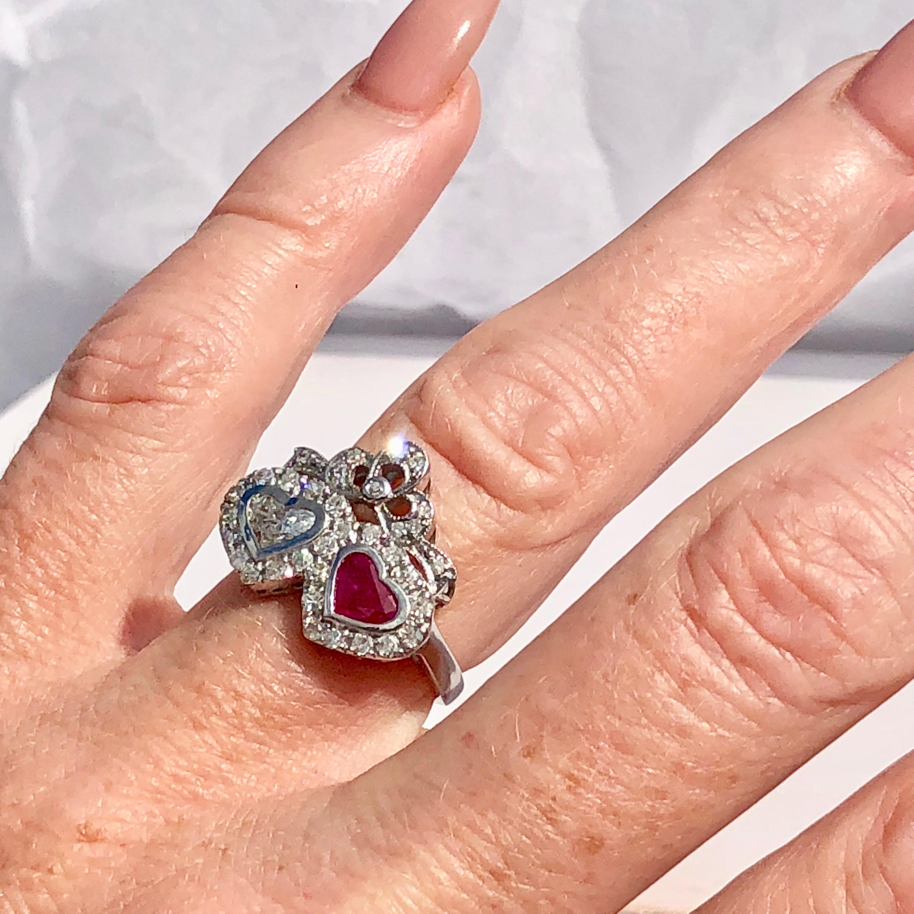 Romantic White Diamond Heart Red Ruby Love Anniversary Engagement Sister Ring 18k Gold  For Sale