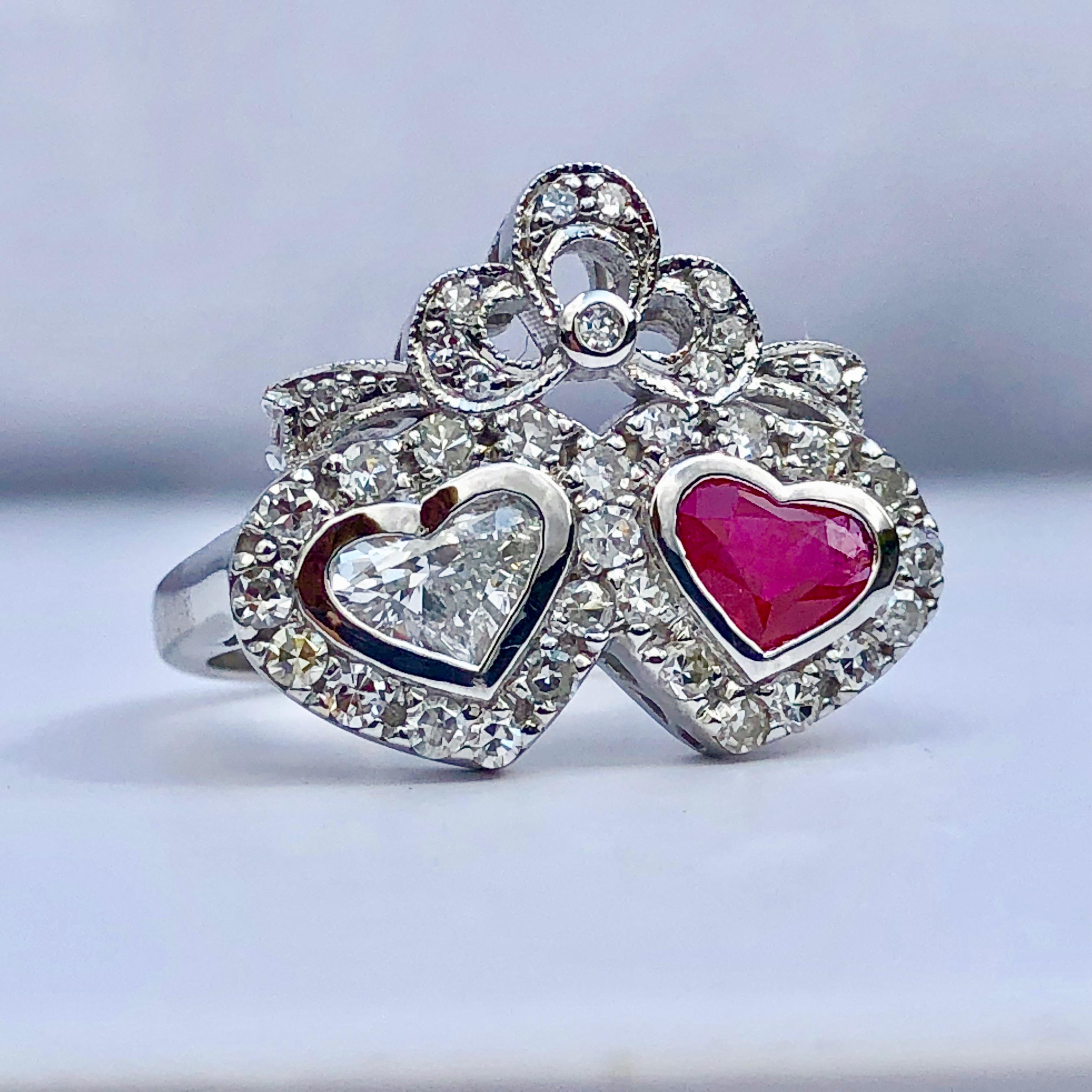 Women's or Men's White Diamond Heart Red Ruby Love Anniversary Engagement Sister Ring 18k Gold  For Sale