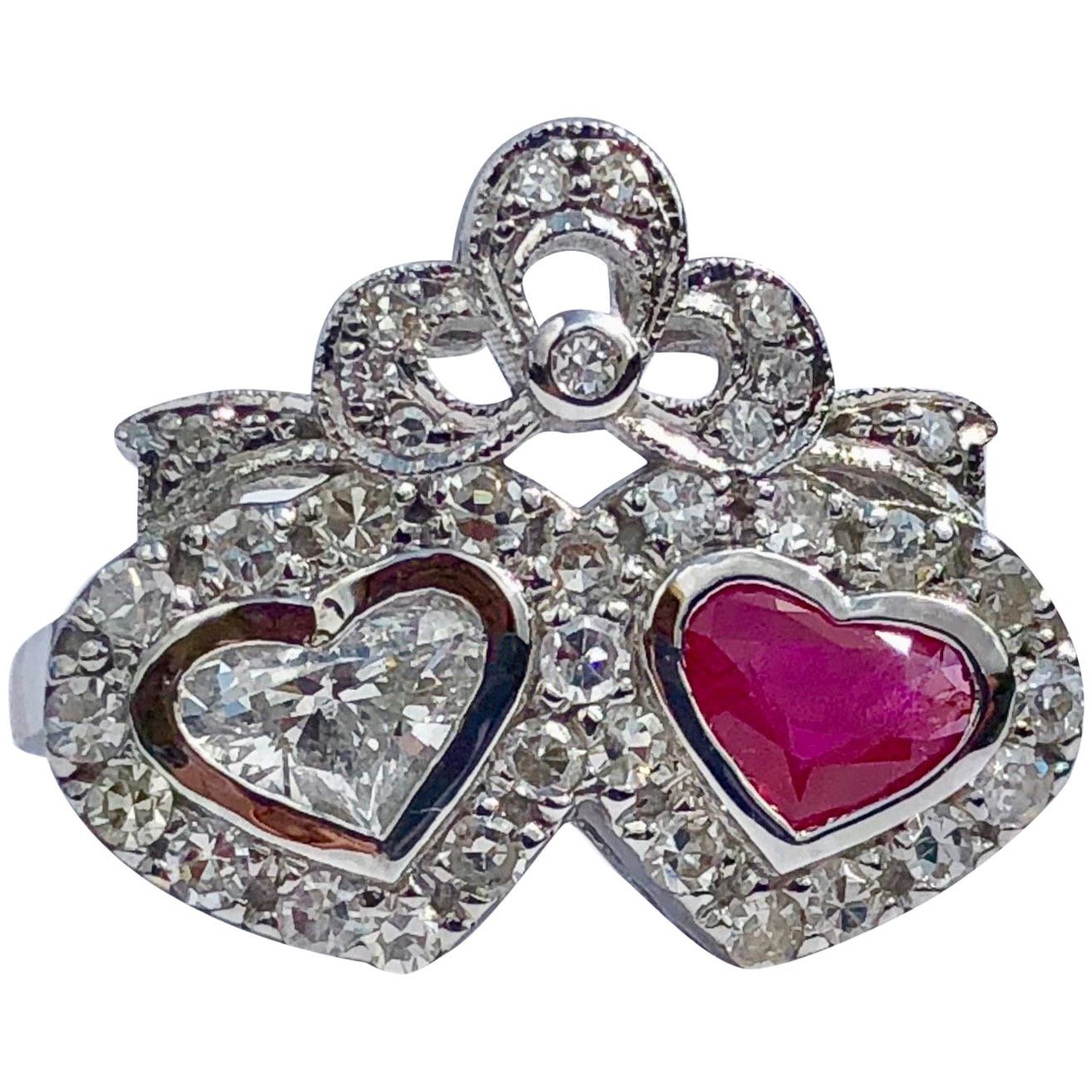 White Diamond Heart Red Ruby Love Anniversary Engagement Sister Ring 18k Gold  For Sale