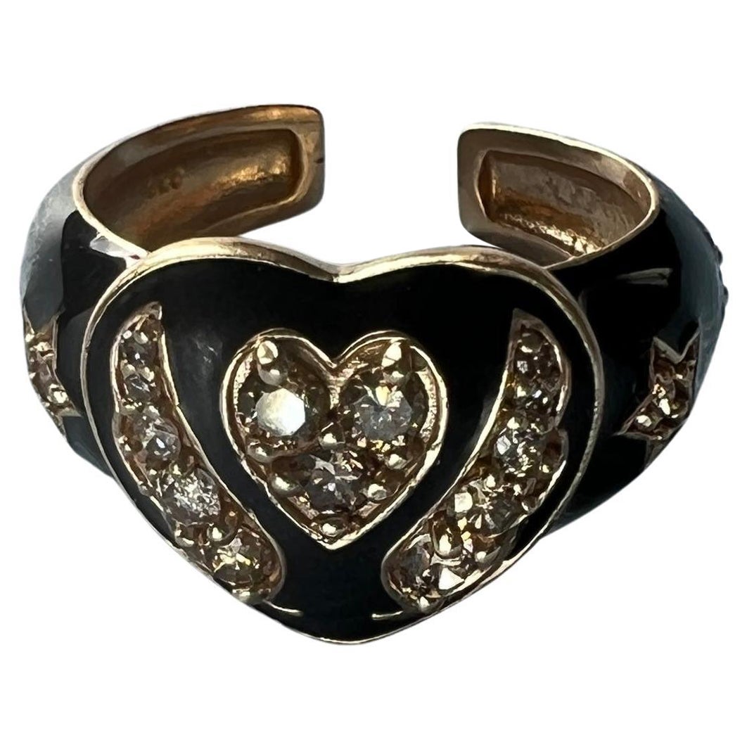 Diamond Heart Ring Black Enamel Gold Plated Silver J Dauphin For Sale