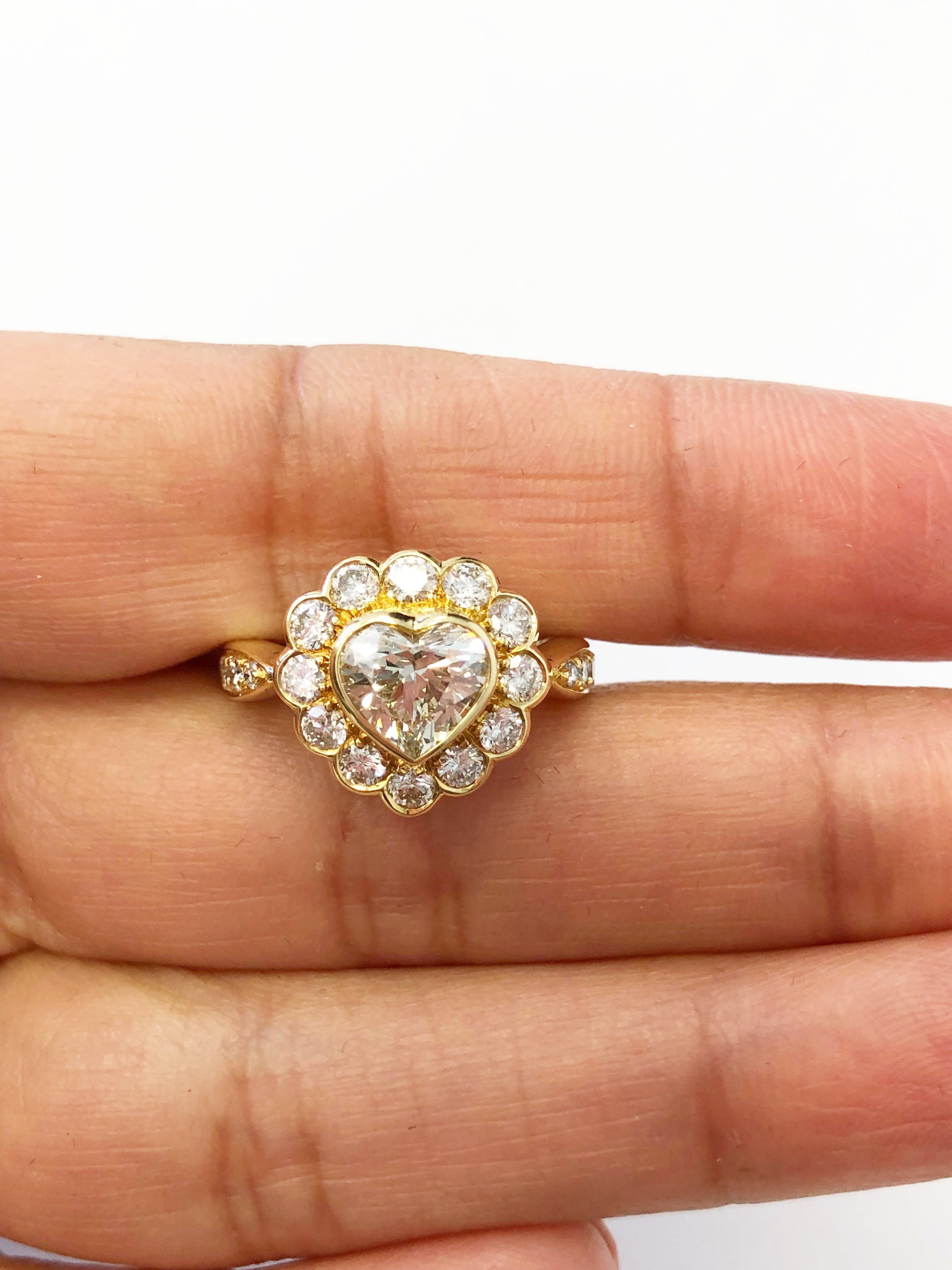 Women's or Men's White Diamond Heart Shape Engagement Ring in 18 Karat Yellow Gold