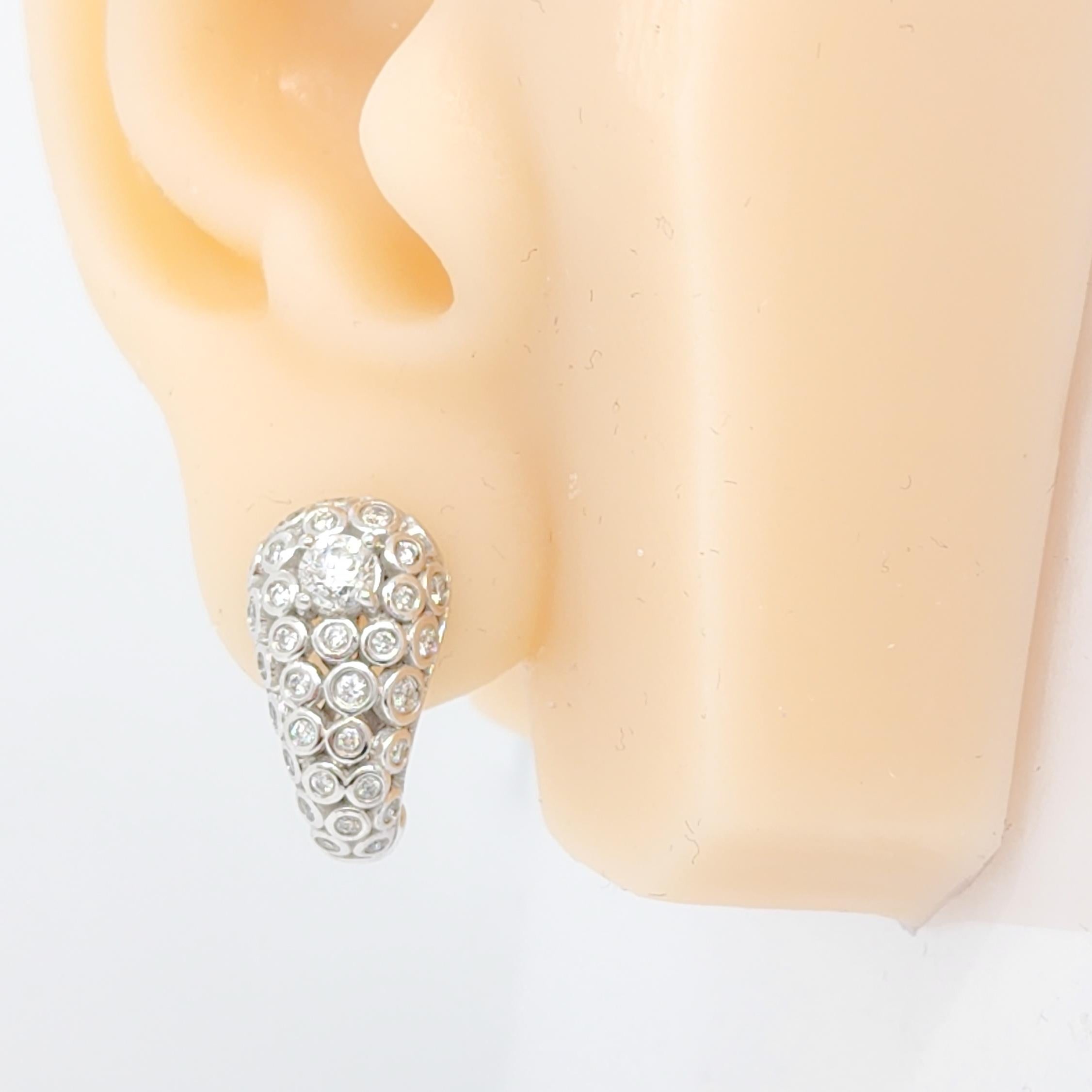 Round Cut White Diamond Hook Shape Earrings in 14k White Gold For Sale