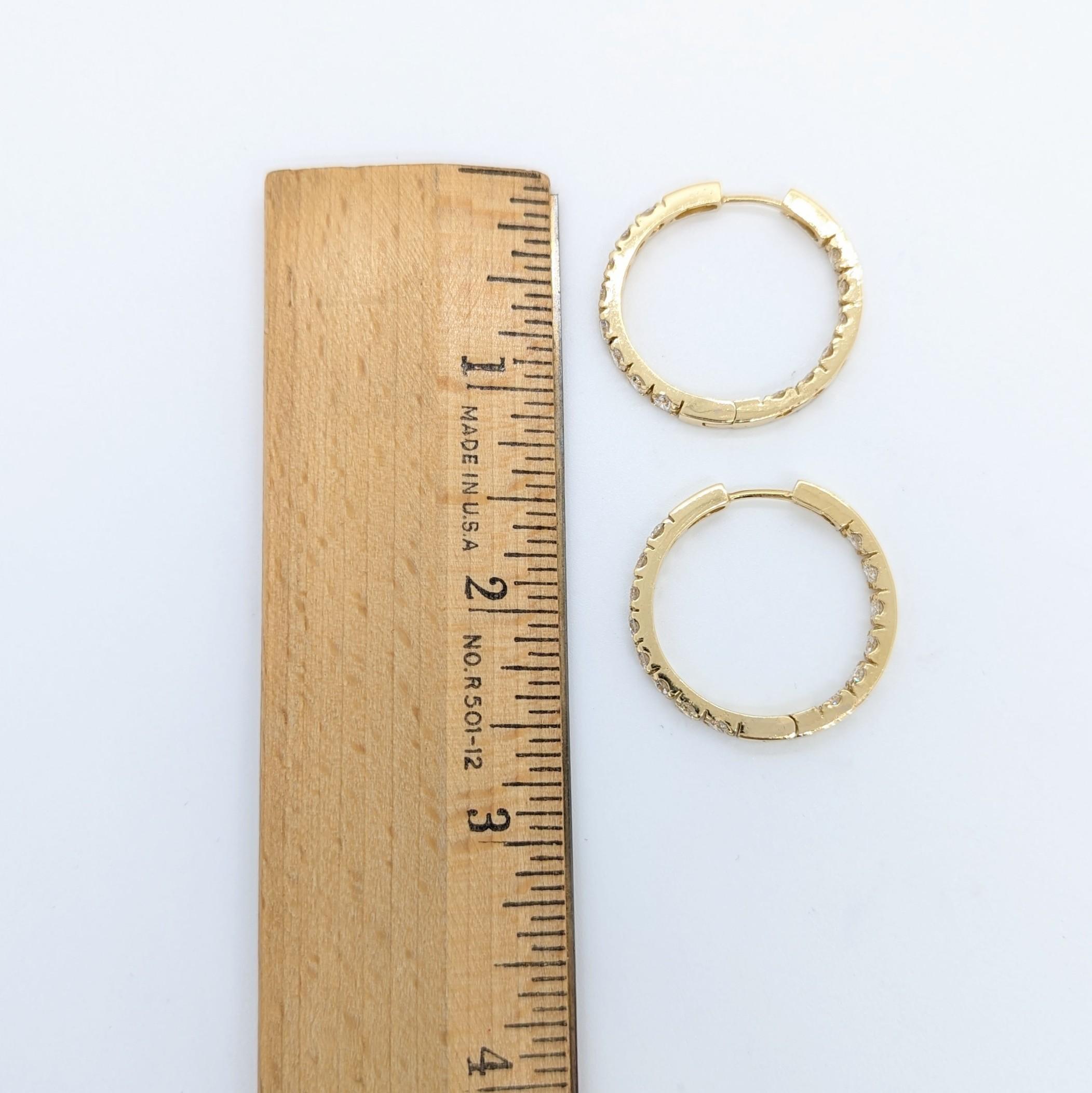 Women's or Men's White Diamond Hoop Earrings in 14K Yellow Gold For Sale