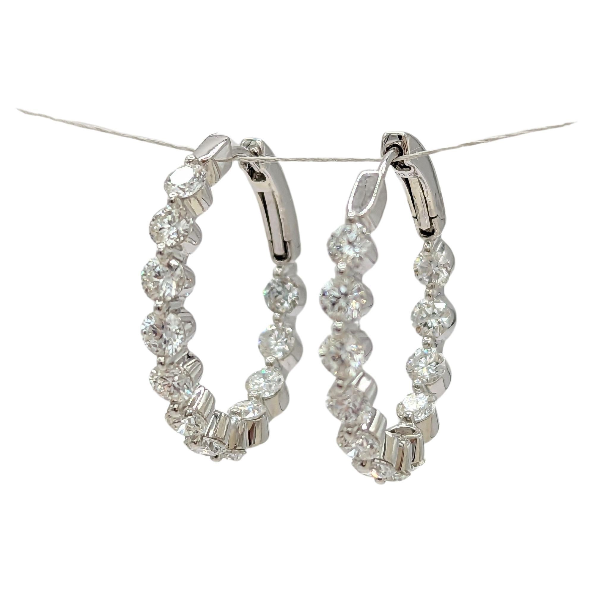 White Diamond In and Out Hoop Earrings in 18K White Gold For Sale