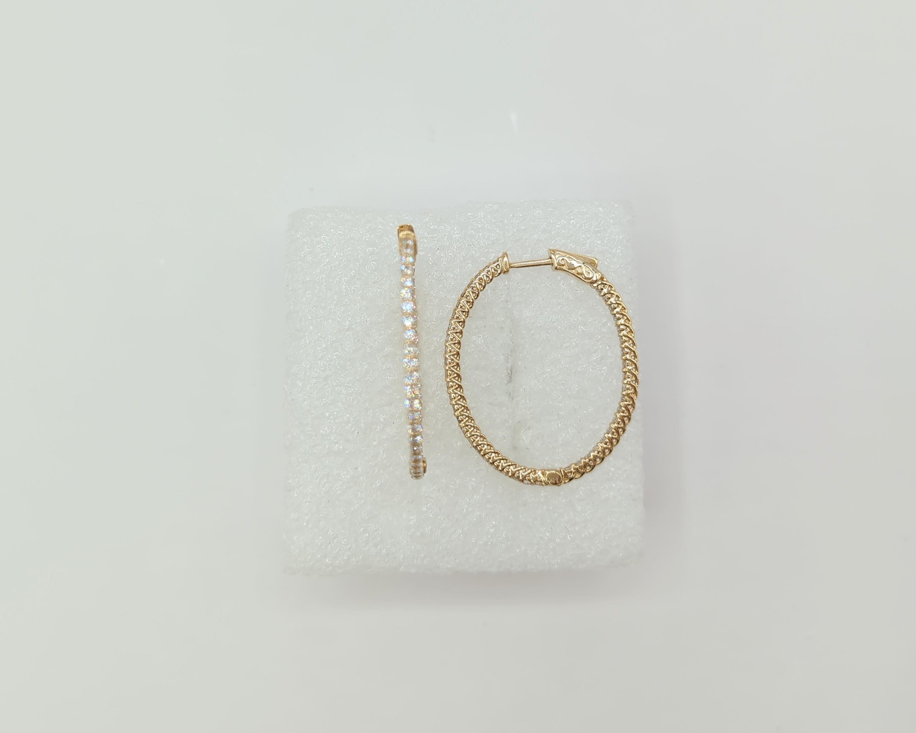 Women's or Men's White Diamond In & Out Hoop Earrings in 14K Yellow Gold For Sale